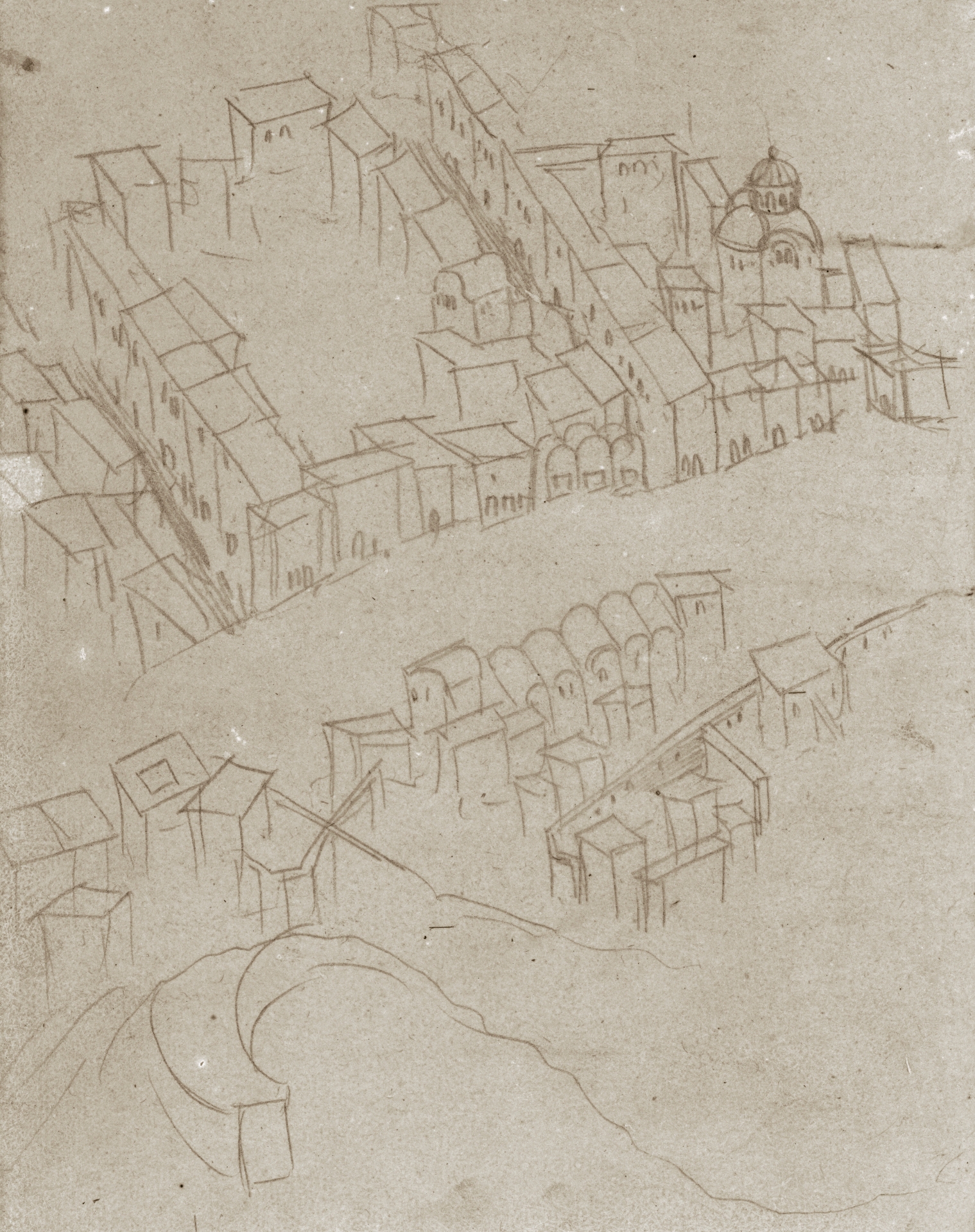 Abbildung einer Zeichnung aus dem Karlsruher Skizzenbuch des Renaissance-Künstlers Hans Baldung Grien. Zu sehen ist die Skizze einer Stadt aus der Vogelperspaktive.