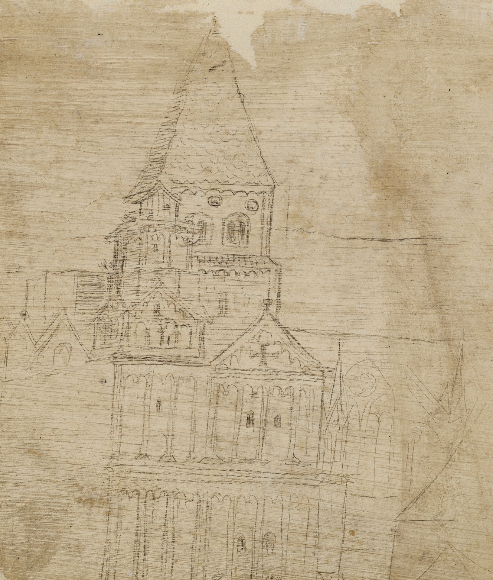 Abbildung einer Zeichnung aus dem Karlsruher Skizzenbuch des Renaissance-Künstlers Hans Baldung Grien. Zu sehen ist die Skizze eines Kirchturms.