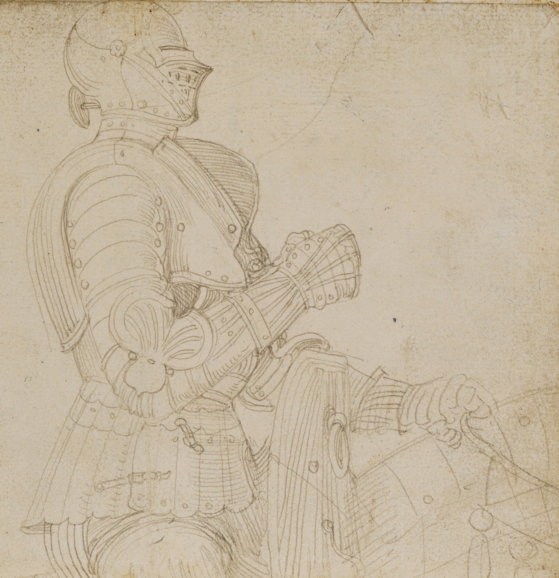 Abbildung einer Zeichnung aus dem Karlsruher Skizzenbuch des Renaissance-Künstlers Hans Baldung Grien. Zu sehen ist die Skizze eines Ritters zu Pferde.
