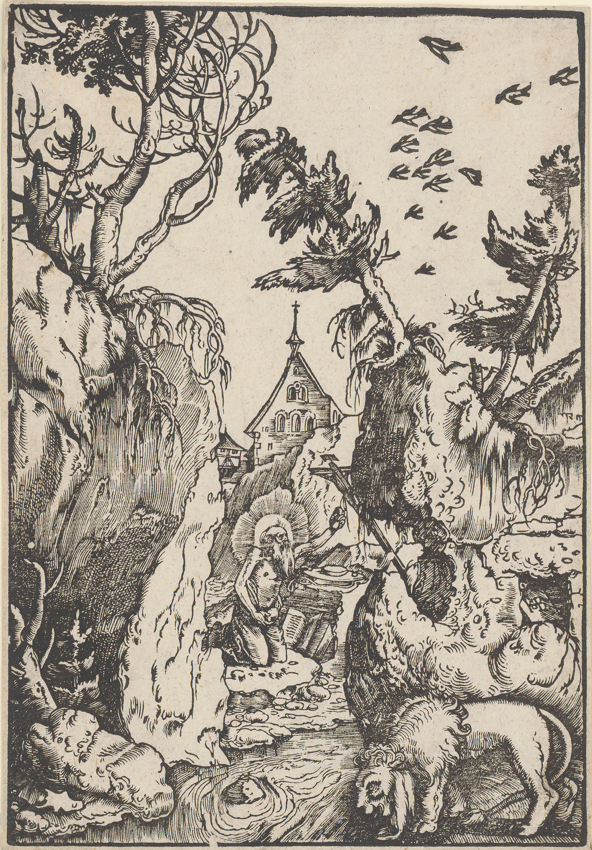 Image of Hans Baldung Grien: Saint Jerome Penitent, around 1511, borrowed from Hamburger Kunsthalle. The artwork shows a man kneeling in front of a rock. A mountainous landscape can be seen in the background.