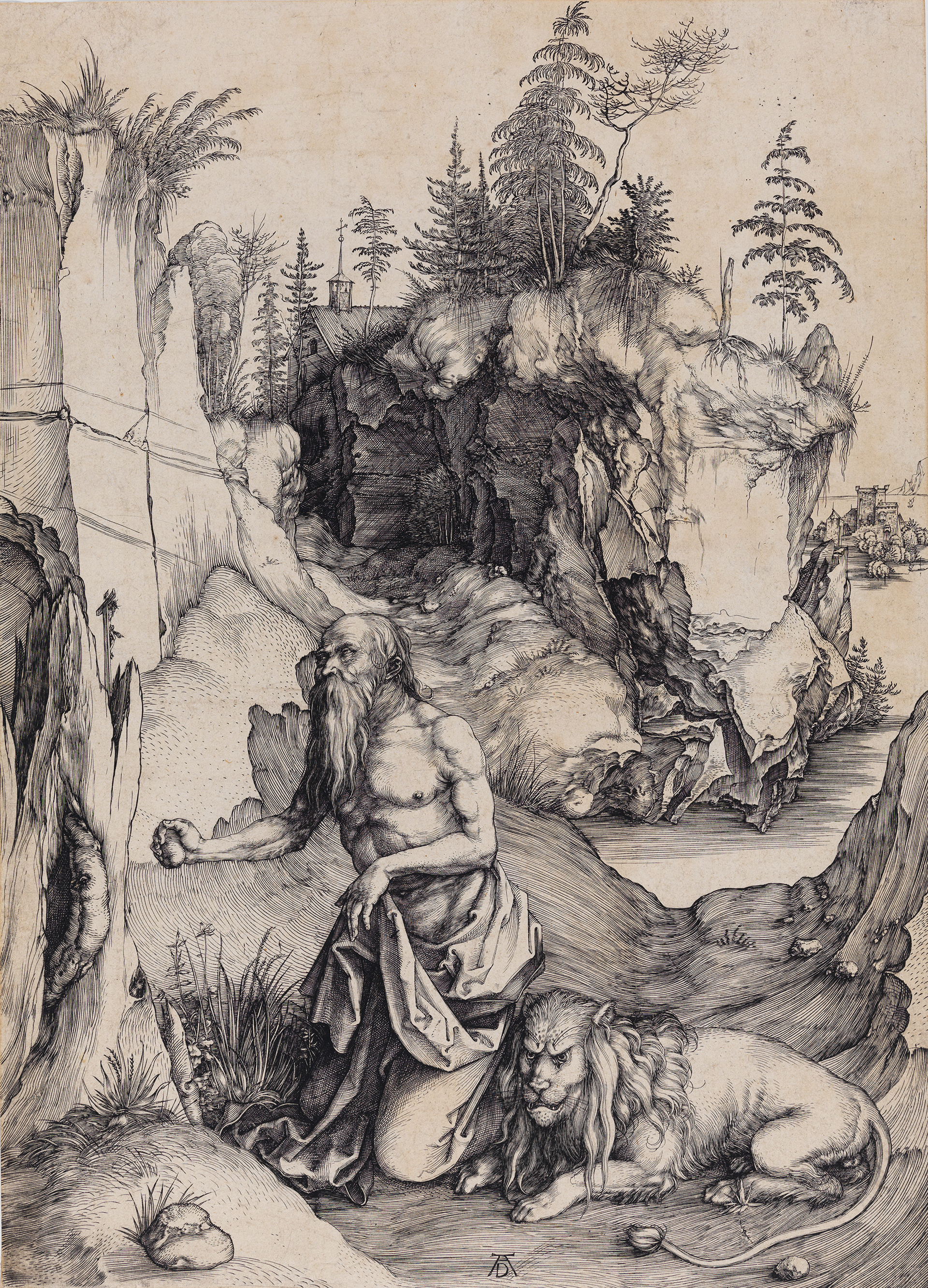 Image of Albrecht Dürer : Saint Jérôme dans le désert, vers 1496. The artwork shows a man kneeling in front of a rock. A mountainous landscape can be seen in the background.