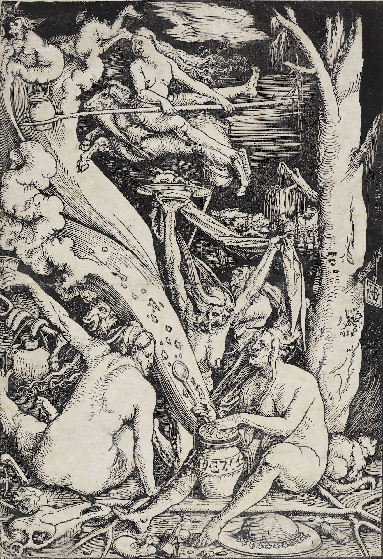 Detail des Holzschnittes Die Hexen von Hans Baldung Grien. Mehrere weibliche Personen sind zusammen um einen Kessel abgebildet