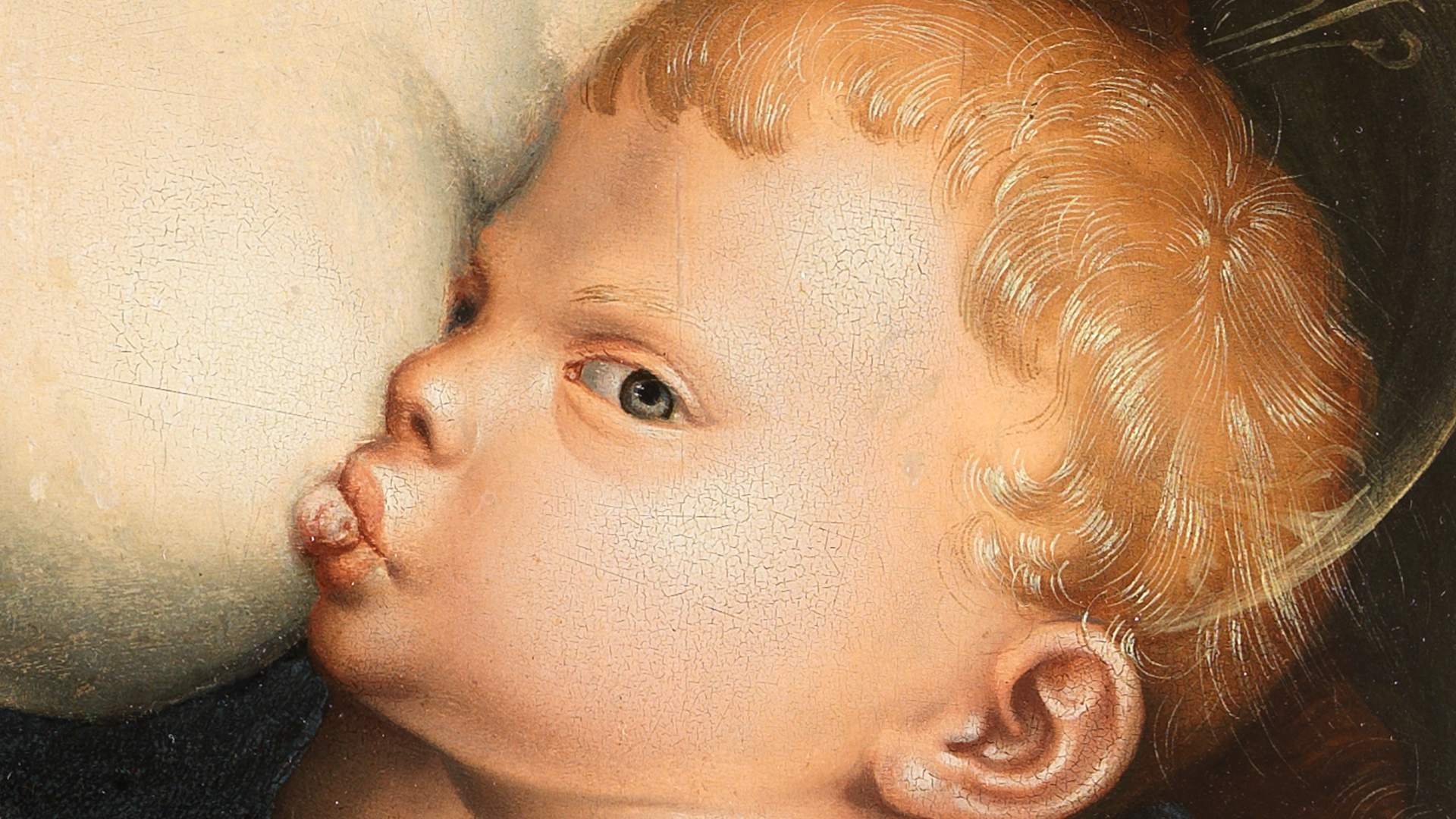 Detail des Kindes aus Hans Baldung Griens Gemälde Maria mit Kind und Papageien. Es zeigt die nackte Brust einer Frau. An dem Nippel der Frau saugt ein Kind.