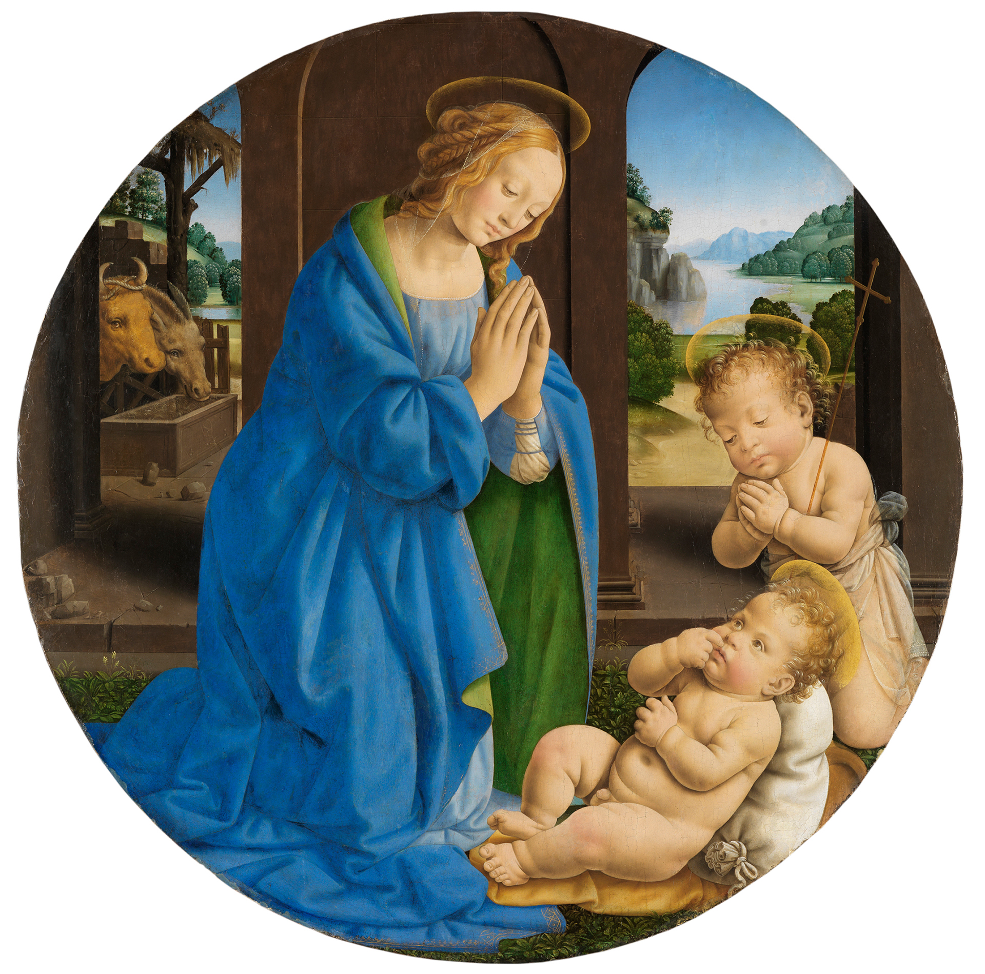 The work of art Lorenzo di Credi Maria, the Child adoring, with the Johannesknaben shows Maria kneeling in a blue dress. In front of her is the baby Jesus. Next to it is another baby, praying. The painting is in the Kunsthalle Karlsruhe.