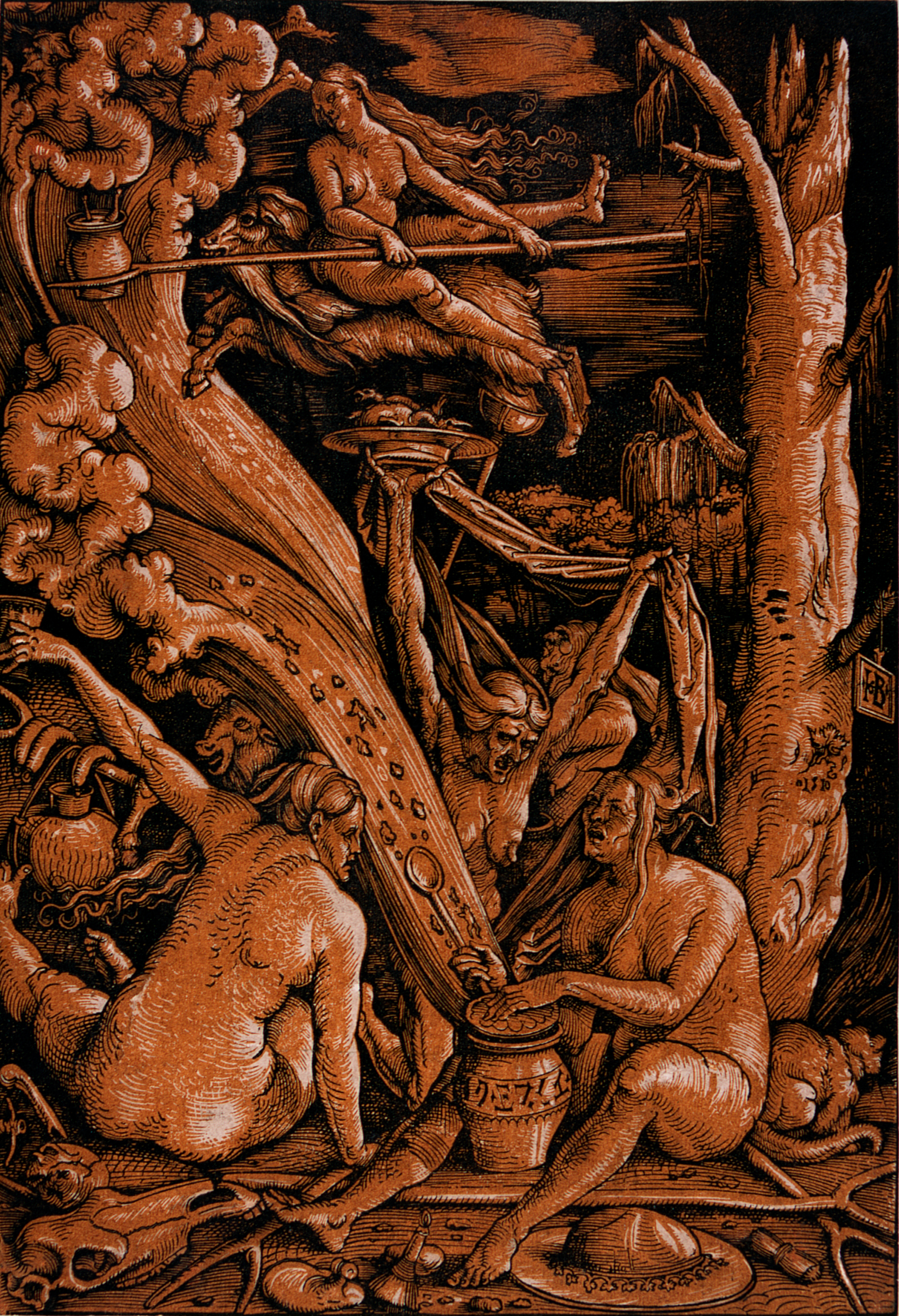 Image of the clair obscure wood Witches by Hans Baldung Grien from 1510. lent by Stiftung Schloss Friedenstein Gotha. The artwork shows different people looking very angry and all are naked. The artwork was part of an exhibition at the Kunsthalle Karlsruhe.