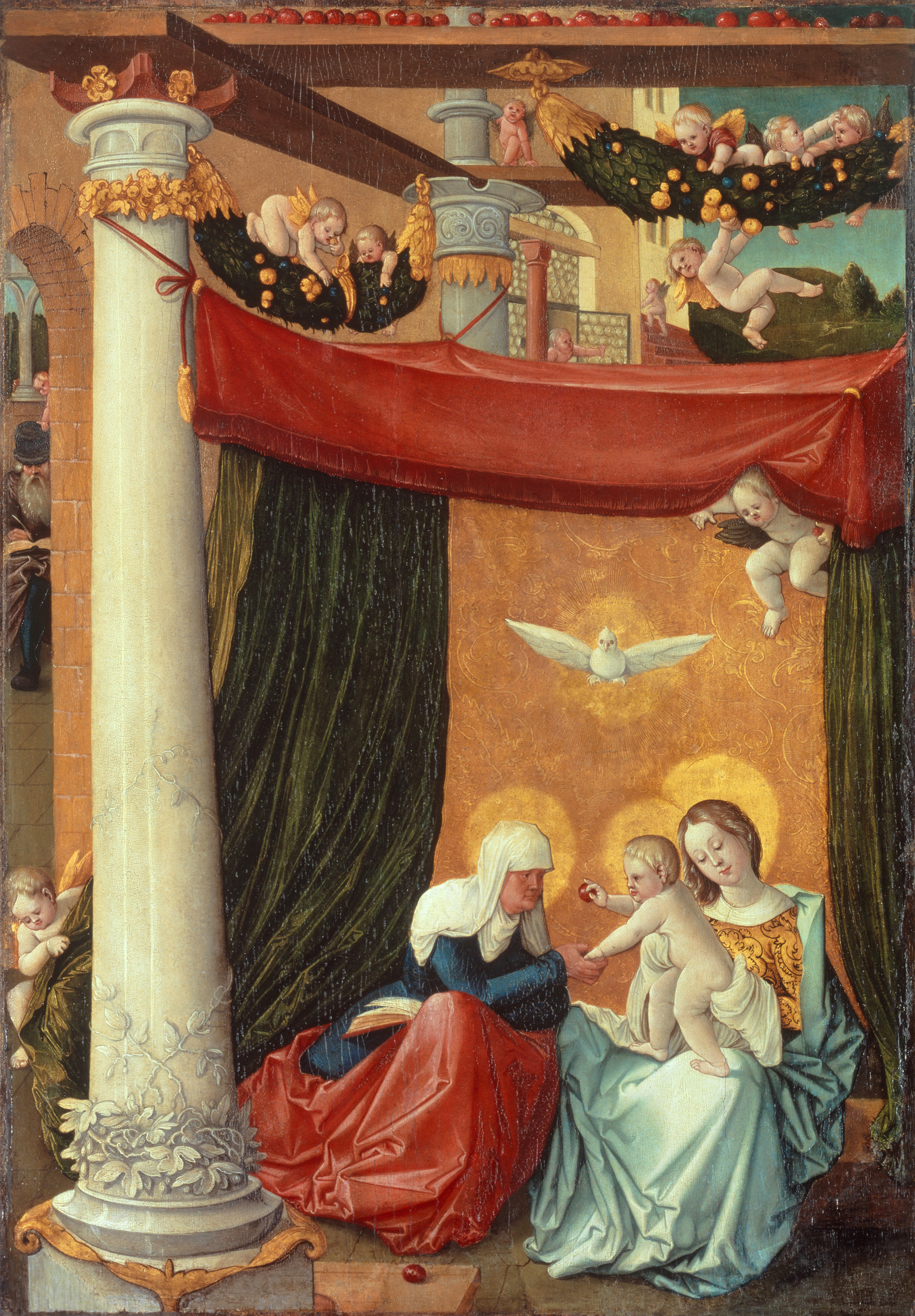 Abbildung des Werks "Die heilige Anna Selbdritt" von Hans Baldung Grien, entstanden um 1512 und 1515. Maria mit dem Jesuskind und einer Frau sitzen unter einem Baldachin.