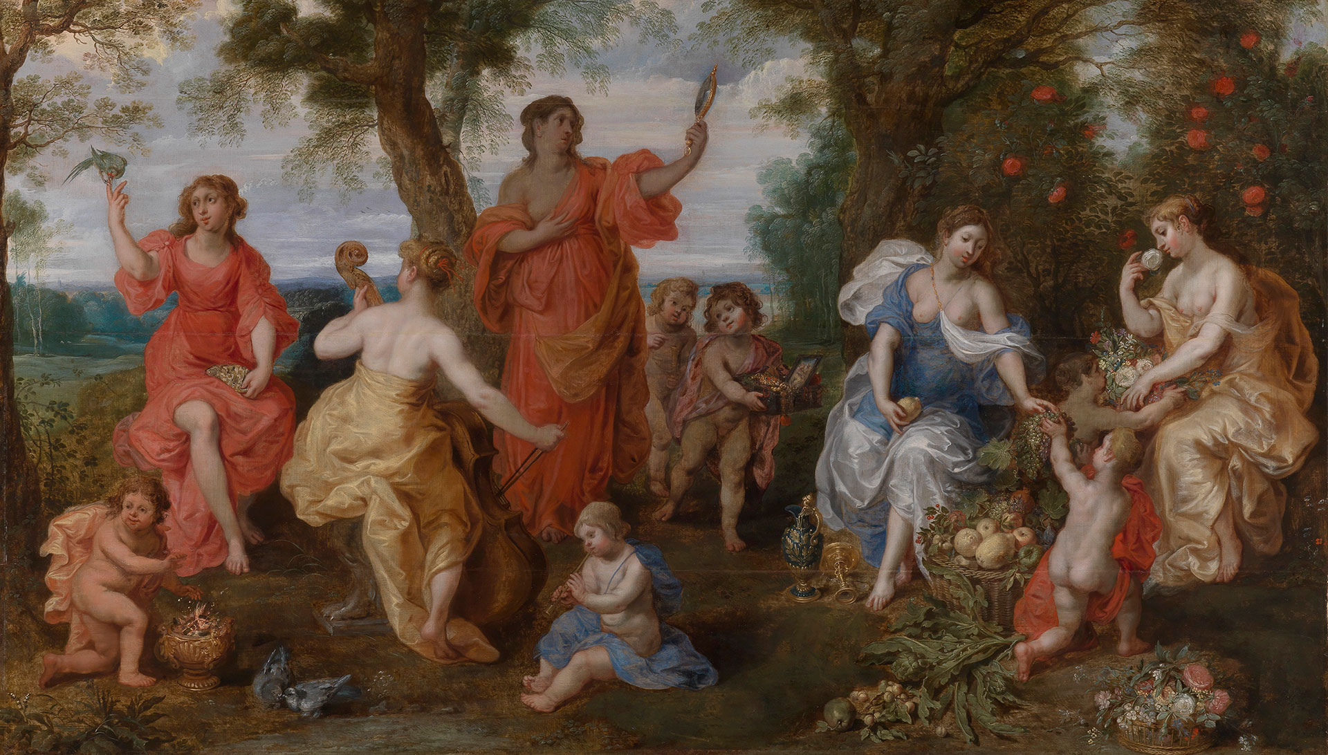 Abbildung des Werks "Allegorie der fünf Sinne" von Hendrik van Balen, entstanden in den 1620er Jahre. Zu sehen ist eine Gruppe Frauen die Früchte essen und pflücken. 