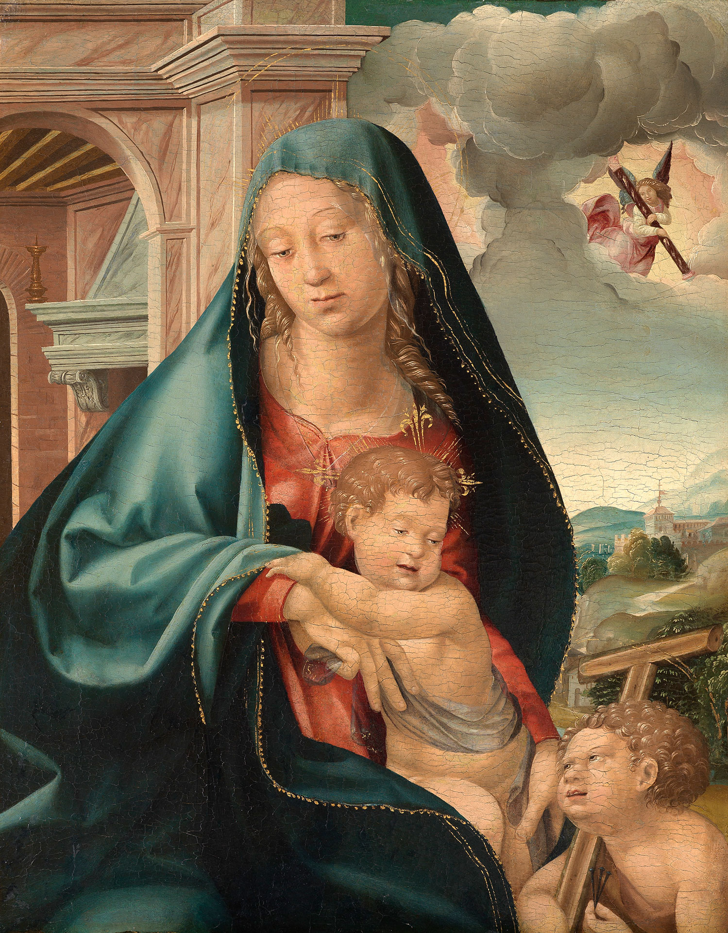 Illustration of the work "Maria with the child and the Johannesknaben" by Jörg Breu the Elder, created around 1520. Mary has the baby Jesus on her arm. Another child kneels in front of her and looks at Jesus. The work of art is located in the Staatliche Kunsthalle Karlsruhe.