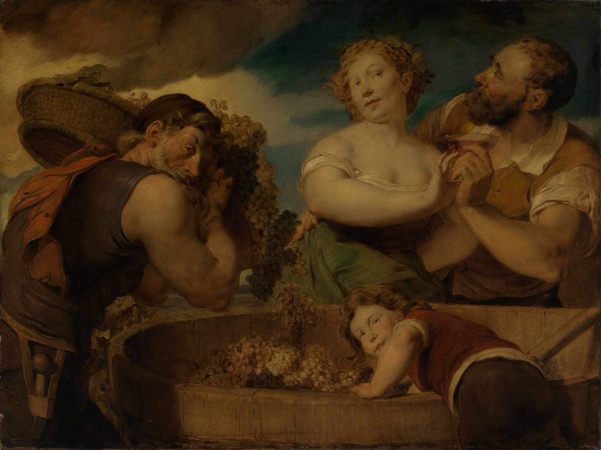 Abbildung des Werks "Weinlese" von Hans Canon. Um ein Fass mit Weintrauben stehen zwei Männer, ein Kind und eine Frau. Ein Mann umarmt die Frau, der andere Mann trägt einen Korb und das Kind greift in das Fass. 