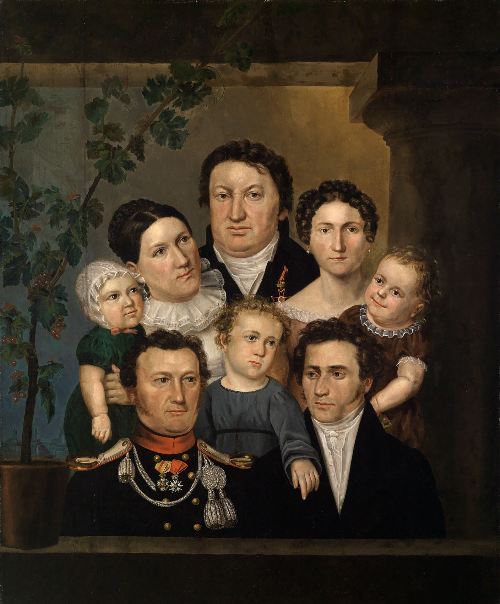 Illustration of the work of art "Weinbrenner and his family" by Feodor Ivanovich Kalmück ?, created in 1823. The illustration shows a crowded group of people. The work of art is located in the Staatliche Kunsthalle Karlsruhe.
