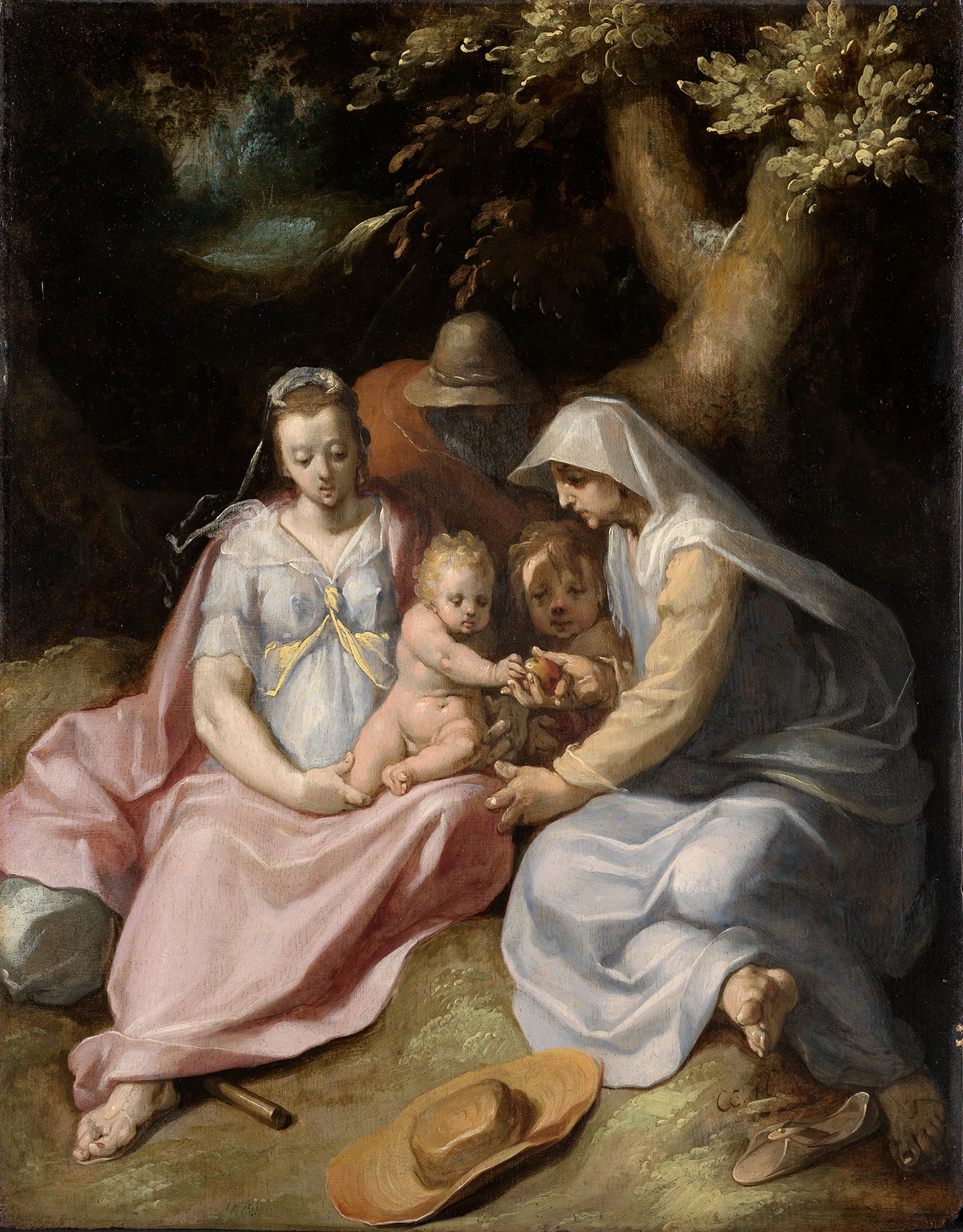Abbildung des Werks "Die Heilige Familie mit der Heiligen Elisabeth und dem Johannesknaben im Walde" von Cornelis Cornelisz. van Haarlem, entstanden um 1589. Maria und Josef liegen vor einem Baum und halten das Jesuskind auf dem Arm. 
