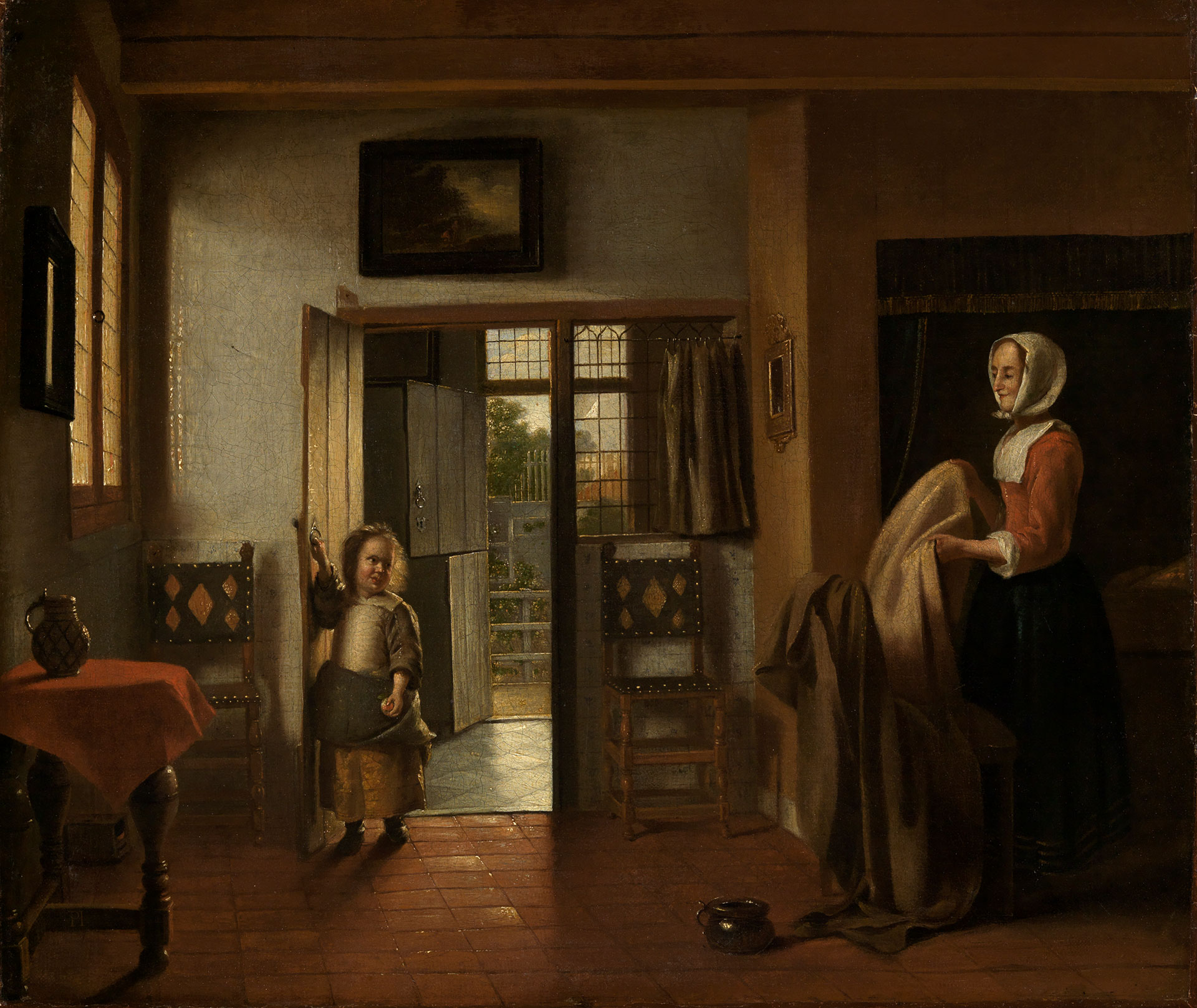 Abbildung des Werks "Im Schlafzimmer" von Pieter de Hooch, entstanden um 1658 oder 1660. Zu sehen ist ein Kind, welches ein Raum betritt. Im Raum steht eine Frau un faltet Tücher.  