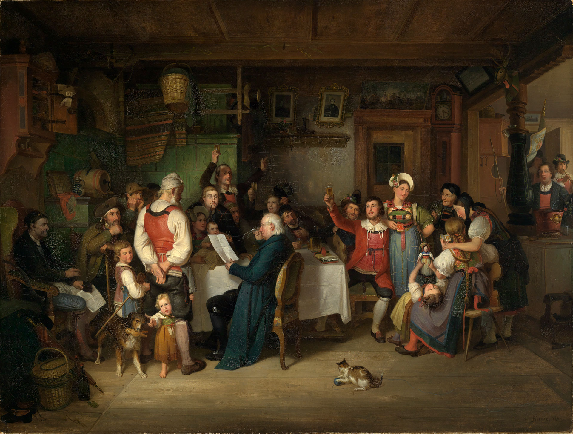 Abbildung des Werks "Die Preisverleihung des landwirtschaftlichen Vereins in einer Hotzenwälder Bauernstube" von Johann Baptist Kirner, entstanden 1841. Zu sehen ist eine Bauernstube mit einer Gruppe Menschen die sich um einen Tisch versammelt haben. 