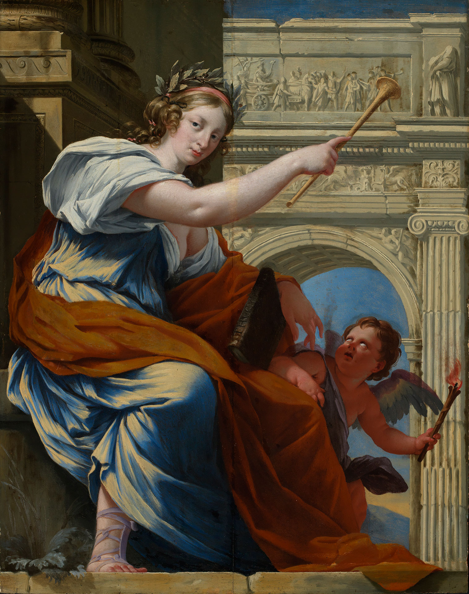 Illustration of the work "The Muse Klio" by Simon Vouet. A woman sits in front of a triumphal arch and holds up a trumpet. The work of art is located in the Staatliche Kunsthalle Karlsruhe.