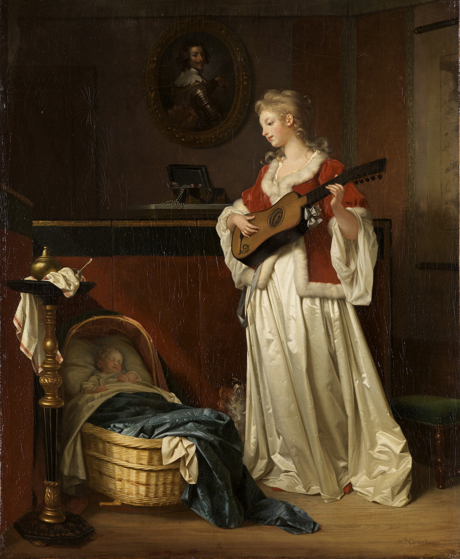 Abbildung des Gemäldes Schlafe mein Kind von Marguerite Gérard.. Es zeigt eine Gitarre spielende Mutter vor einer Wiege mit Kind.