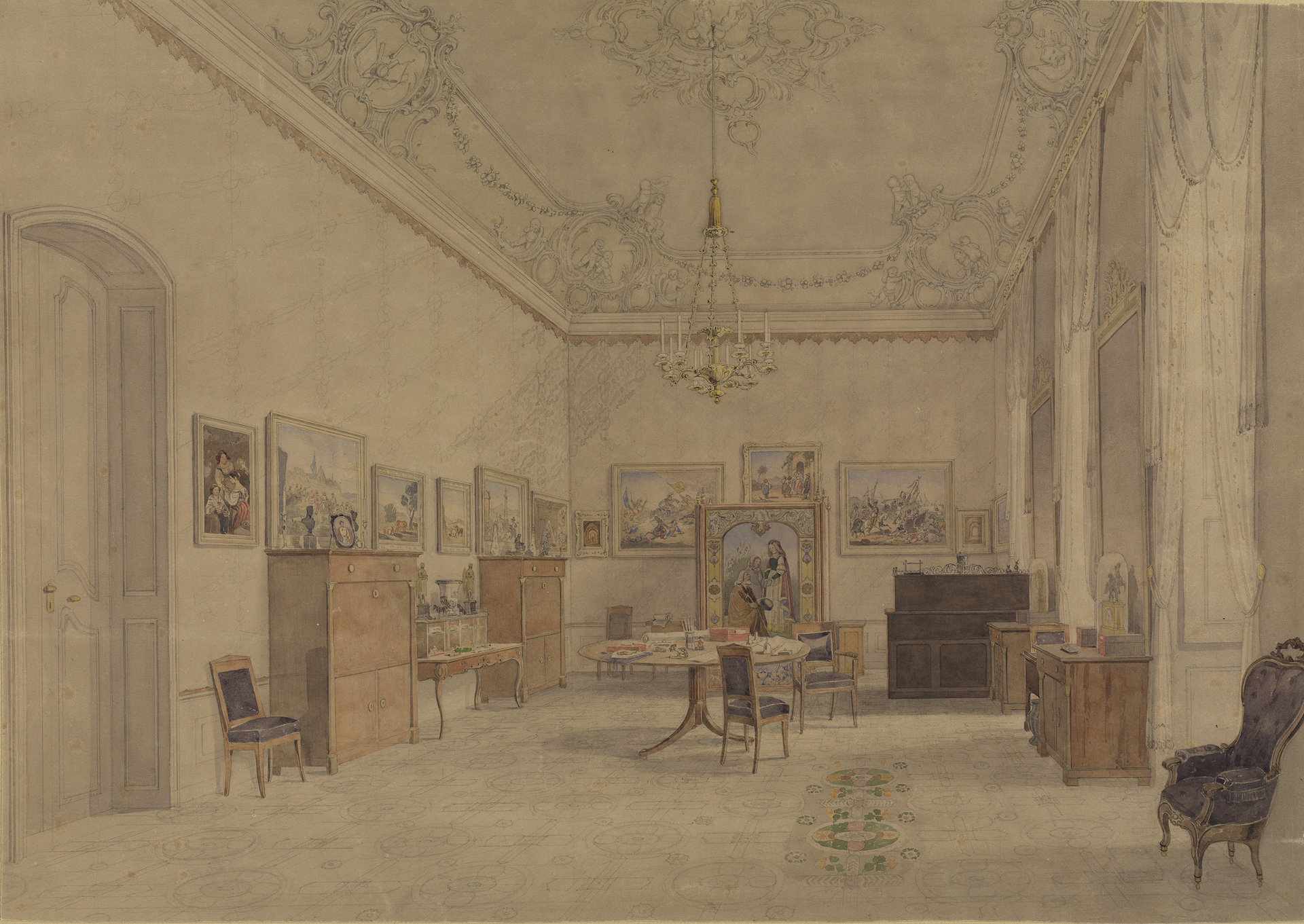 Abbildung der Zeichnung des Wohnzimmers Großherzog Leopolds von Louis Hoffmeister. Es zeigt den Innenraum eines Schlosses mit hohen Decken und Fenstern. Es stehen einige Möbel im Raum.