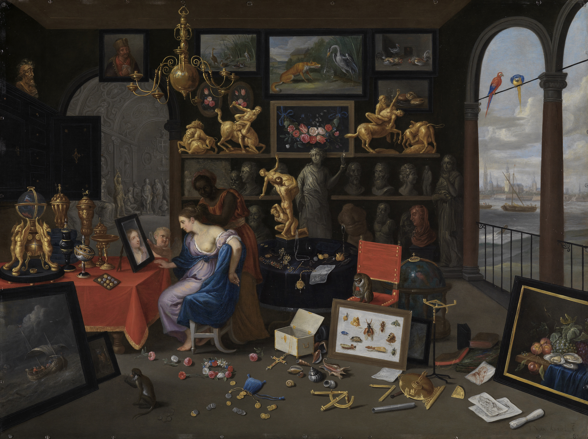 Abbildung des Gemäldes Eine Kunstkammer mit Venus bei der Toilette. Es zeigt einen mit verschiedenen wertvollen Gegenständen zu gestellten Raum. In der Mitte wird eine Frau von einer anderen Frau frisiert.