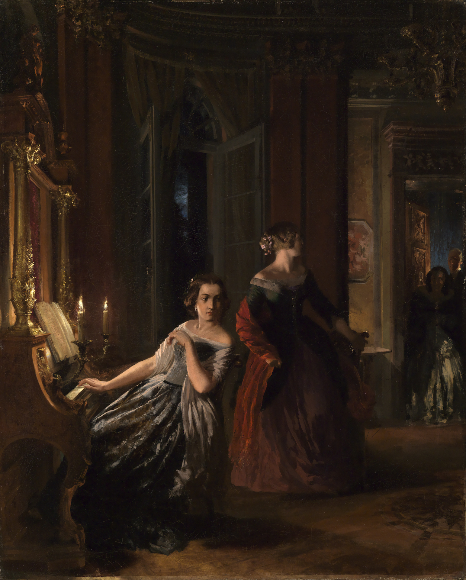 Abbildung des Gemäldes Adolph Menzel: Die Störung. Es zeigt zwei Frauen in ausladender Abendrobe, wovon eine an einem Klavier sitzt. Der Raum wirkt wie ein Innenraum eines Königsschlosses; mit Säulen Gold- und Marmorstuckaturen.