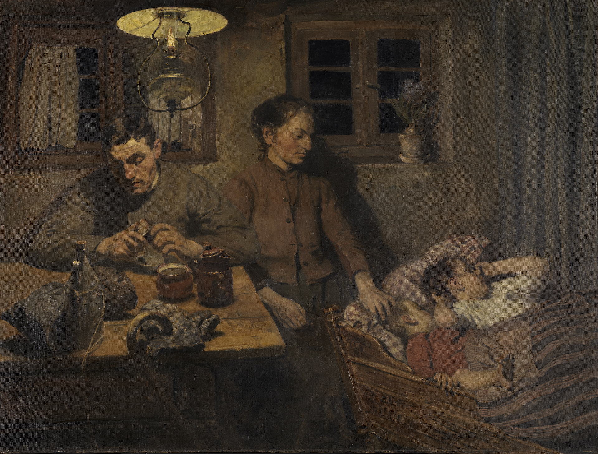 Detail von Heinrich Pforrs Gemälde Bergmannsheim. Es zeigt eine Frau und einen Mann an einem Tisch. Neben ihnen steht eine Wiege mit zwei Kindern.