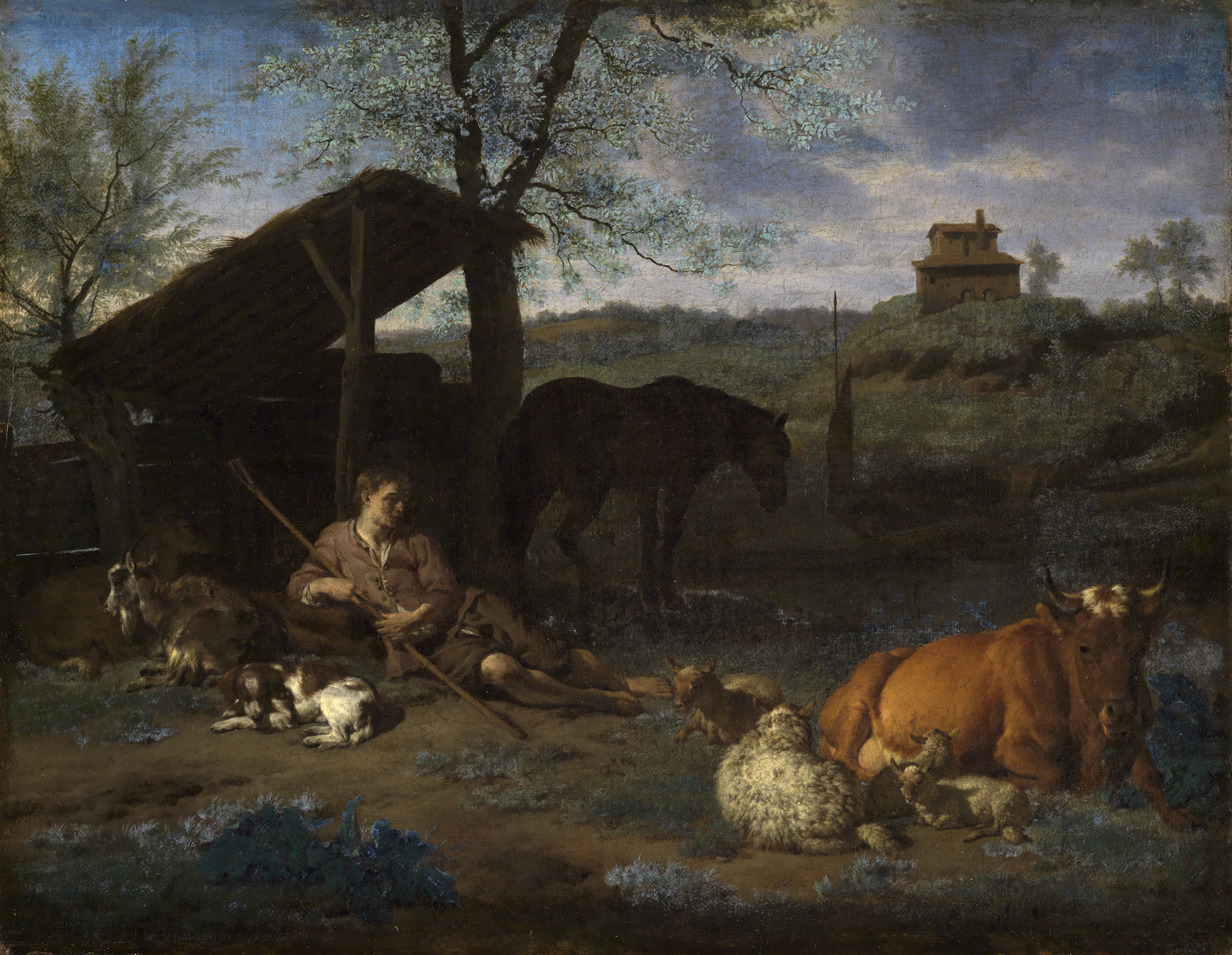 Adriaen van de Veldes Landschaftsszene Ruhender Hirte bei seiner Herde