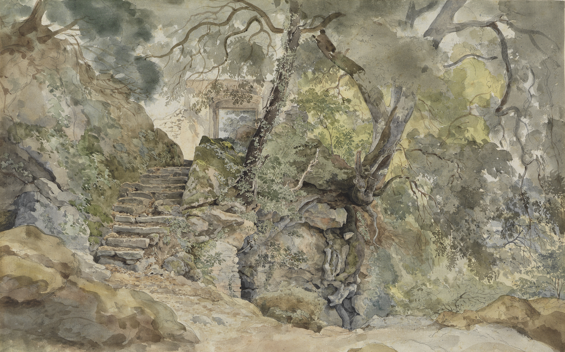 Aquarell des Landschaftsmalers Ernst Fries: Aus dem Park der Villa Chigi in Ariccia. Zu sehen ist eine Treppe die durch eine Wald führt.