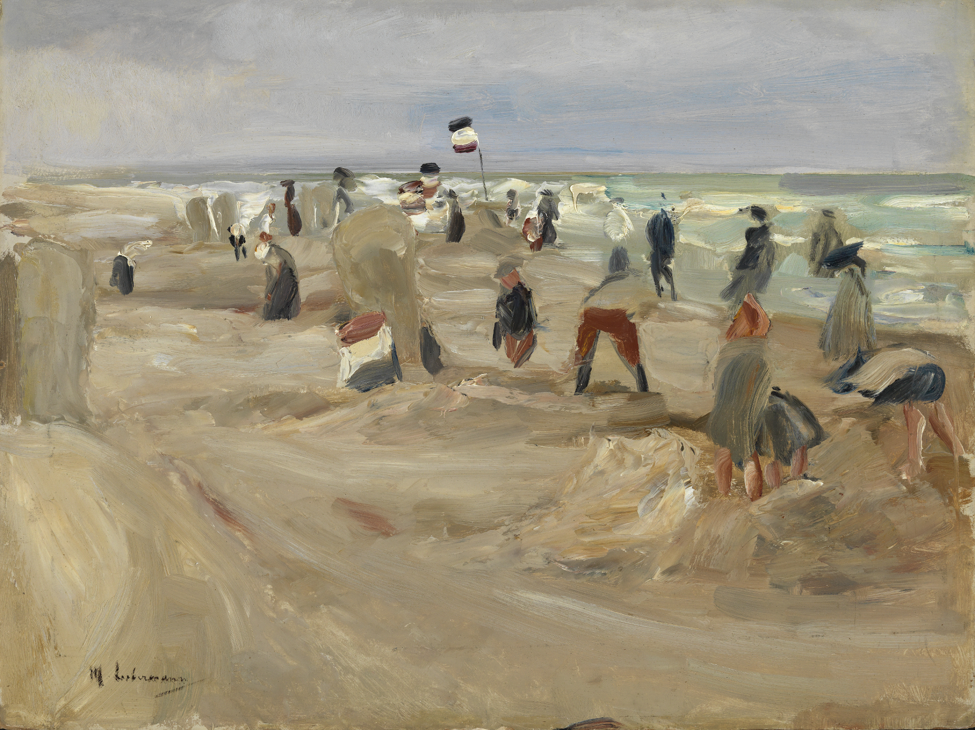 Abbildung des Werks Am Strand von Noordwijk von Max Liebermann, entstanden 1908. Zu sehen sind Menschen am Strand.