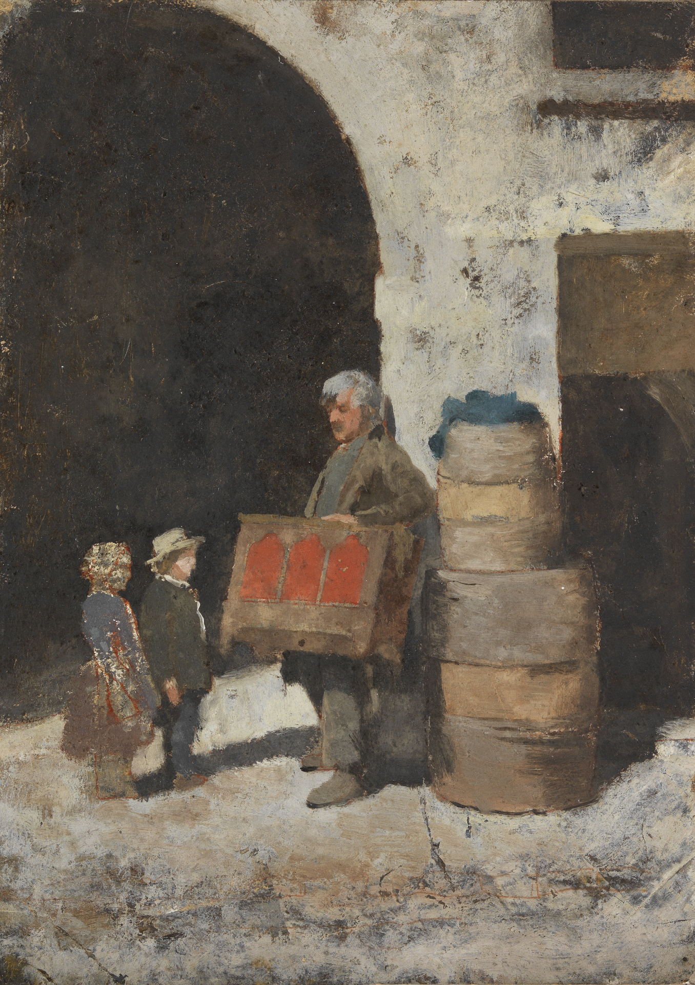 Abbildung des Werks Le Joueur d'orgue barbarie von Charles Nègre, entstanden 1852/53. Zu sehen ist eine Straßenszene mit einem Mann der eine Truhe trägt. Neben ihm stehen zwei Kinder.
