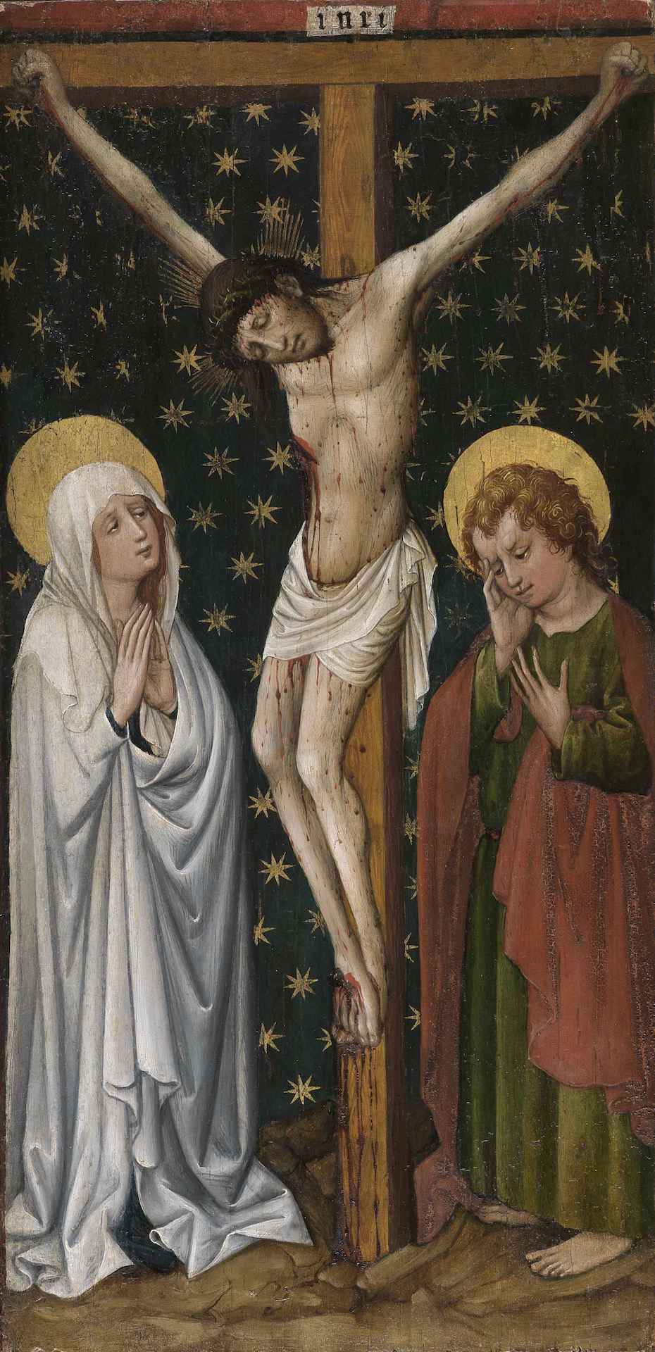 Painting by the Master of the Staufen Altarpiece showing the crucifixion scene. The crucified Jesus is flanked on the right and left by two women.