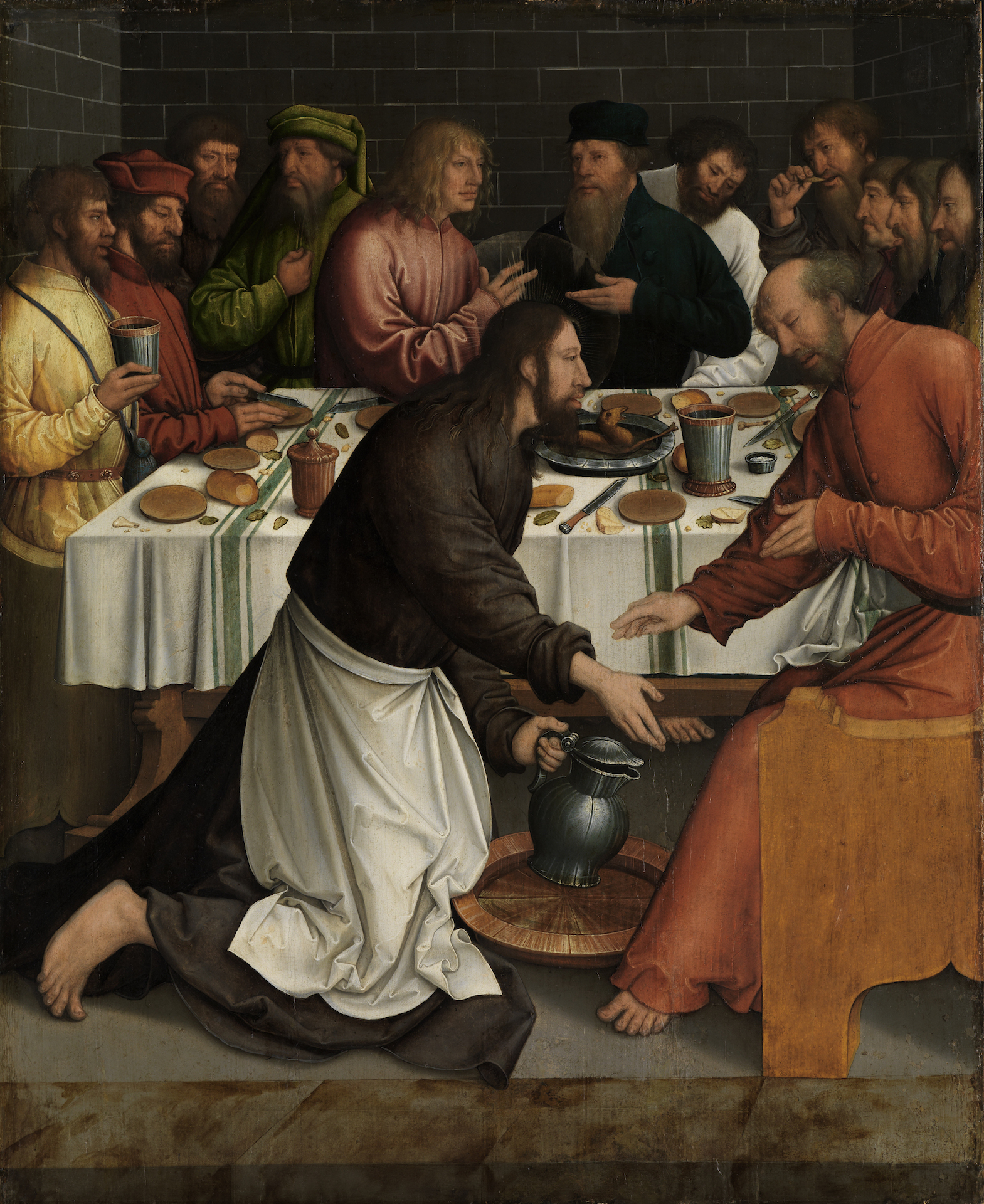 Painting by Bernhard Strigel showing Christ washing his feet. Jesus kneels before another man and washes his feet.