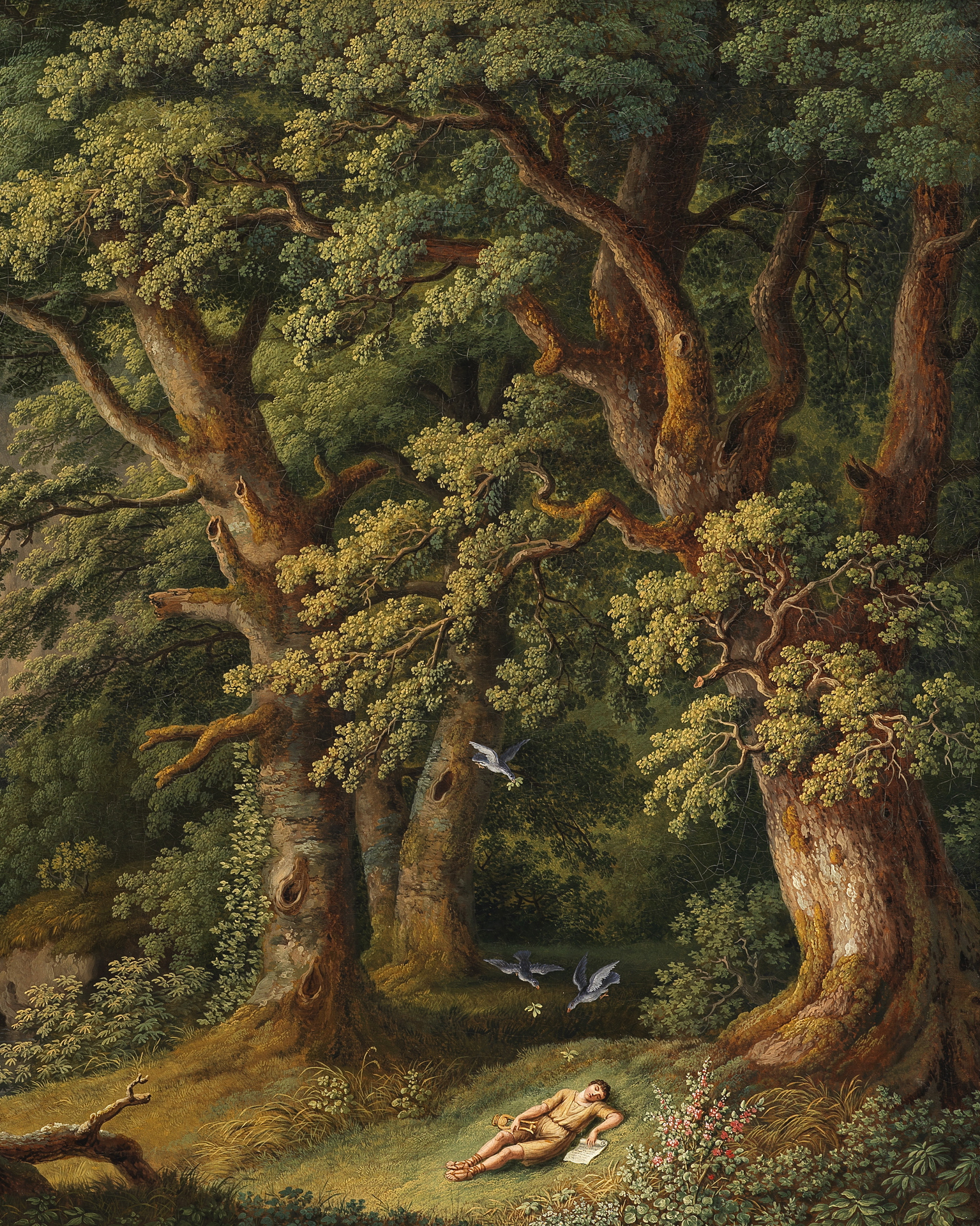Gemälde Waldlandschaft mit dem schlafenden, von Tauben behüteten Knaben Horaz von Jakob Philipp Hackert