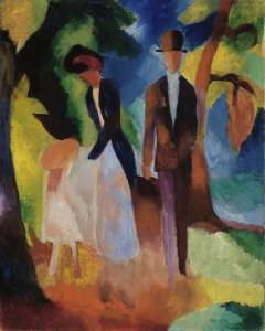 Gemälde des Expressionisten August Macke: Leute am blauen See. Zu sehen sind zwei gestalten vor einem bunt-abstrakten Hintergrund.