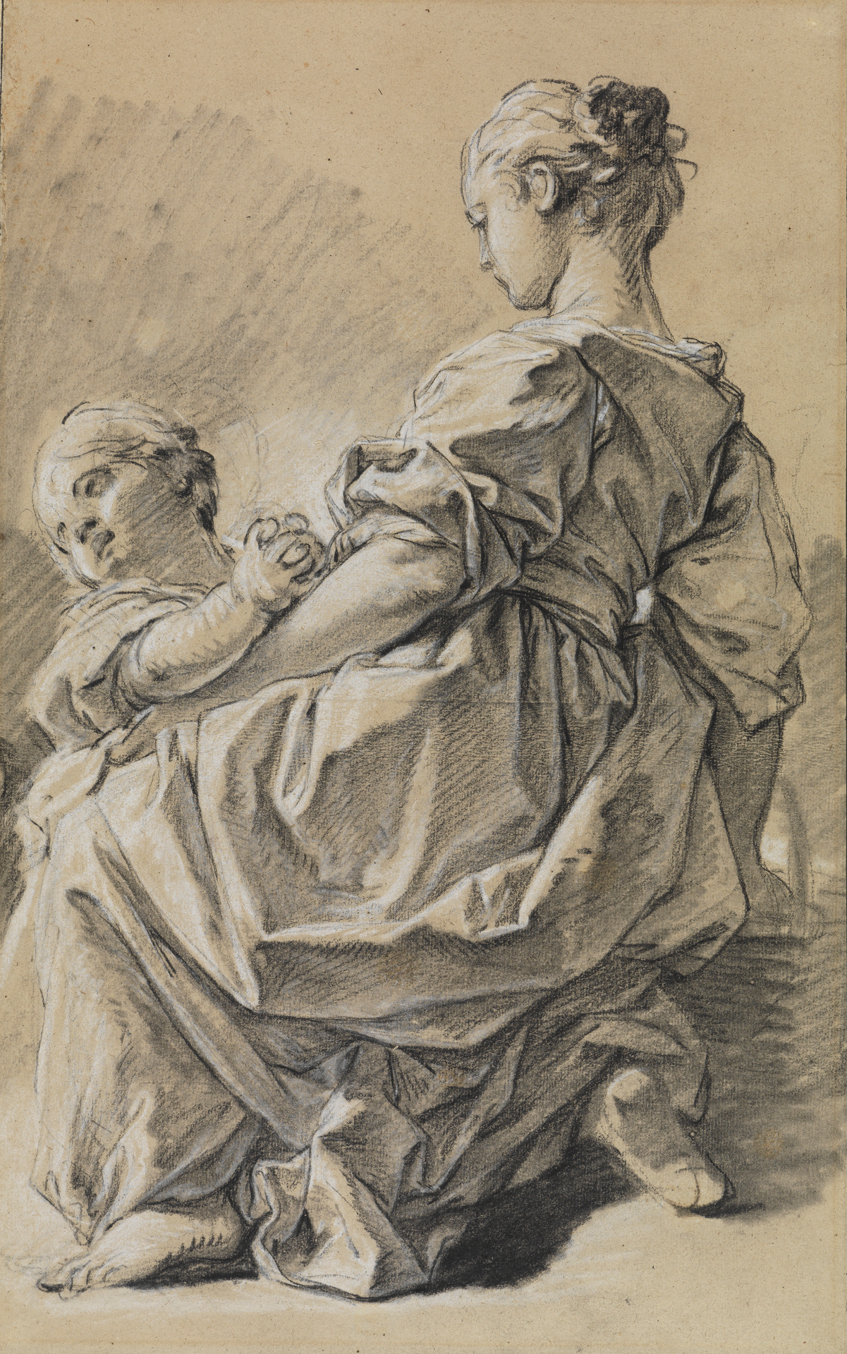 François Bouchers Zeichnung Kniende junge Frau mit Kind