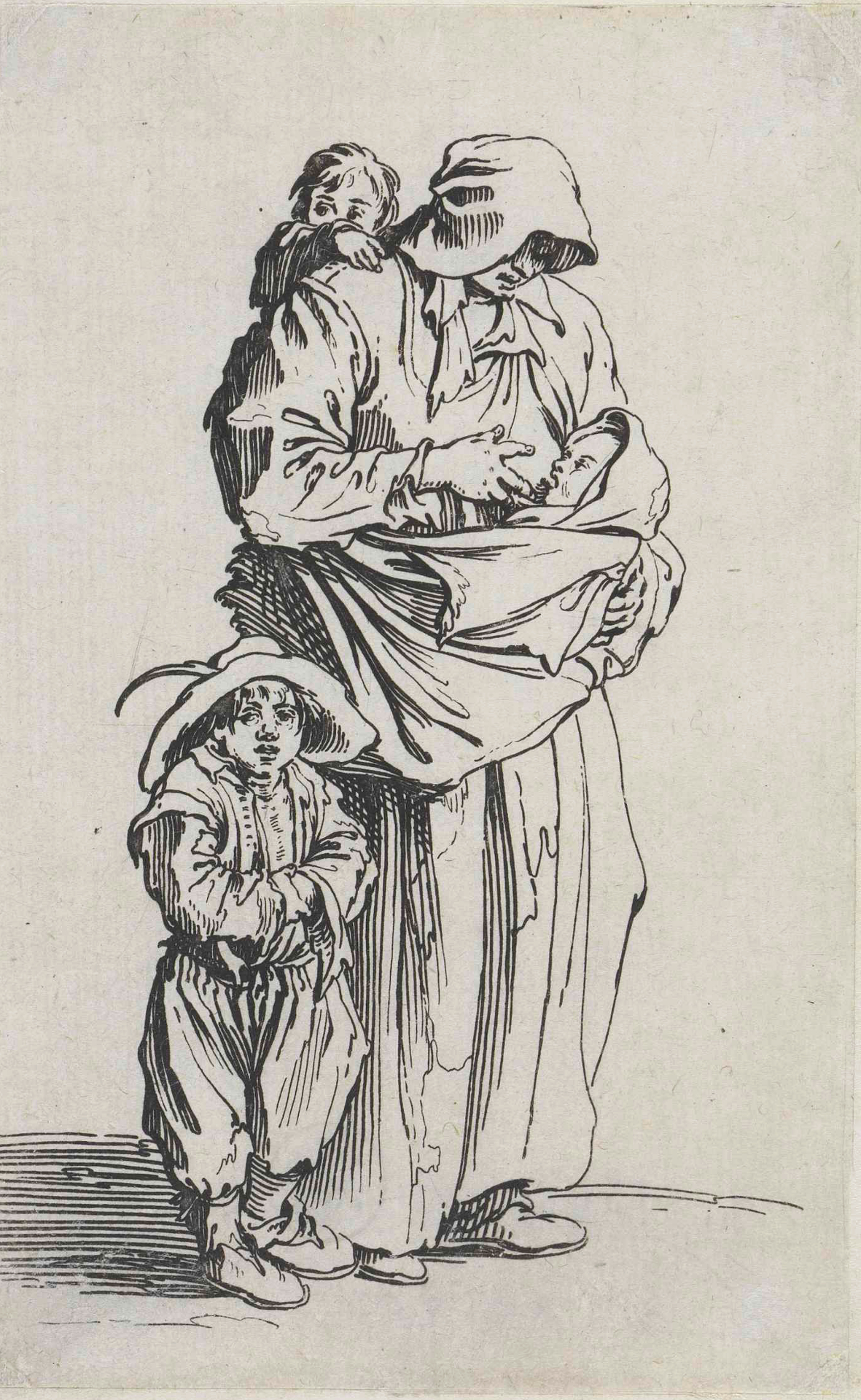 Zeichnung von Jacques Callot: Mutter mit drei Kindern