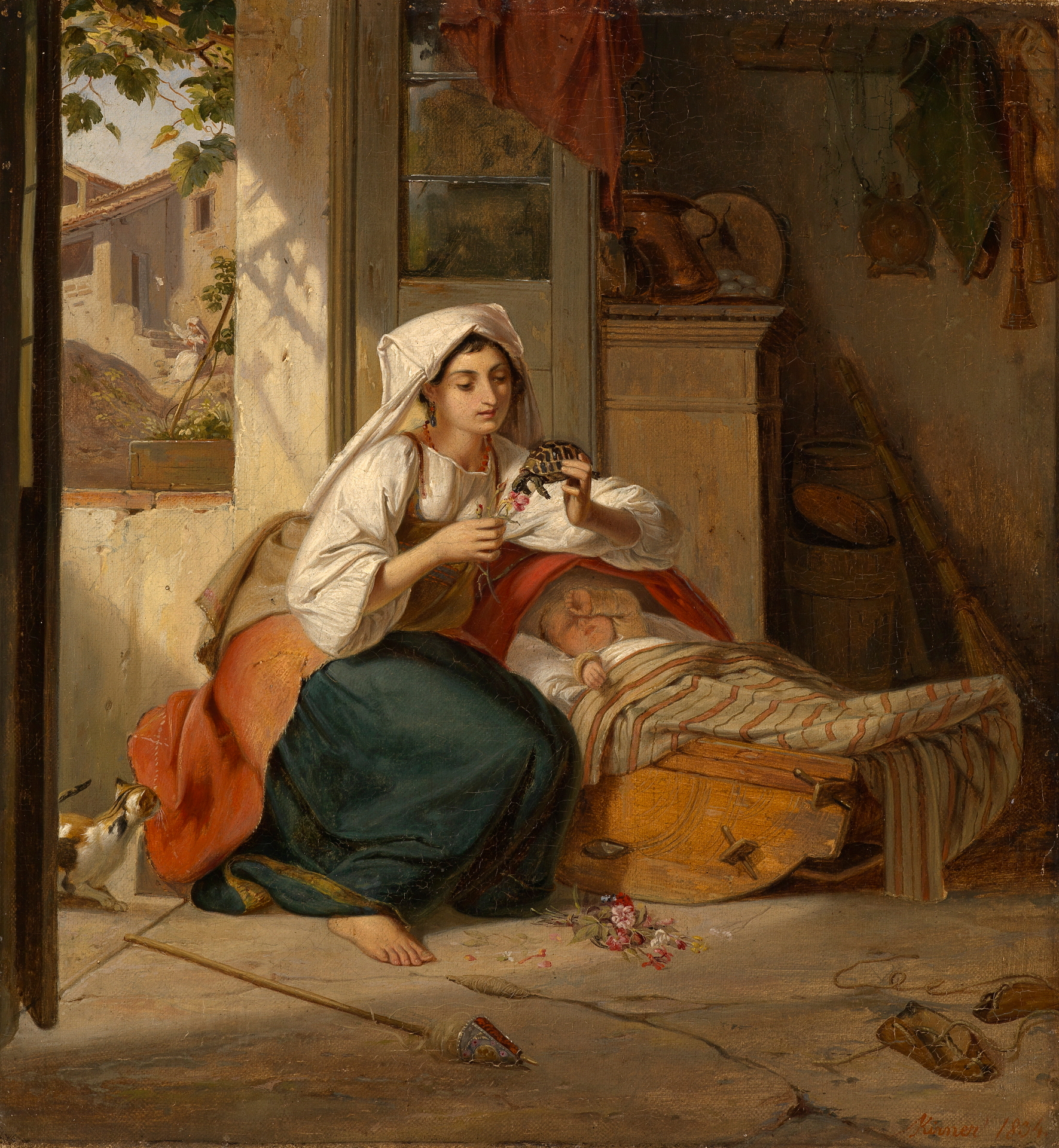 Gemälde einer Italienerin an der Wiege von Johann Baptist Kirner. Die Mutter sitzt halb im Haus halb draußen und hält eine Schildkröte in der Hand.