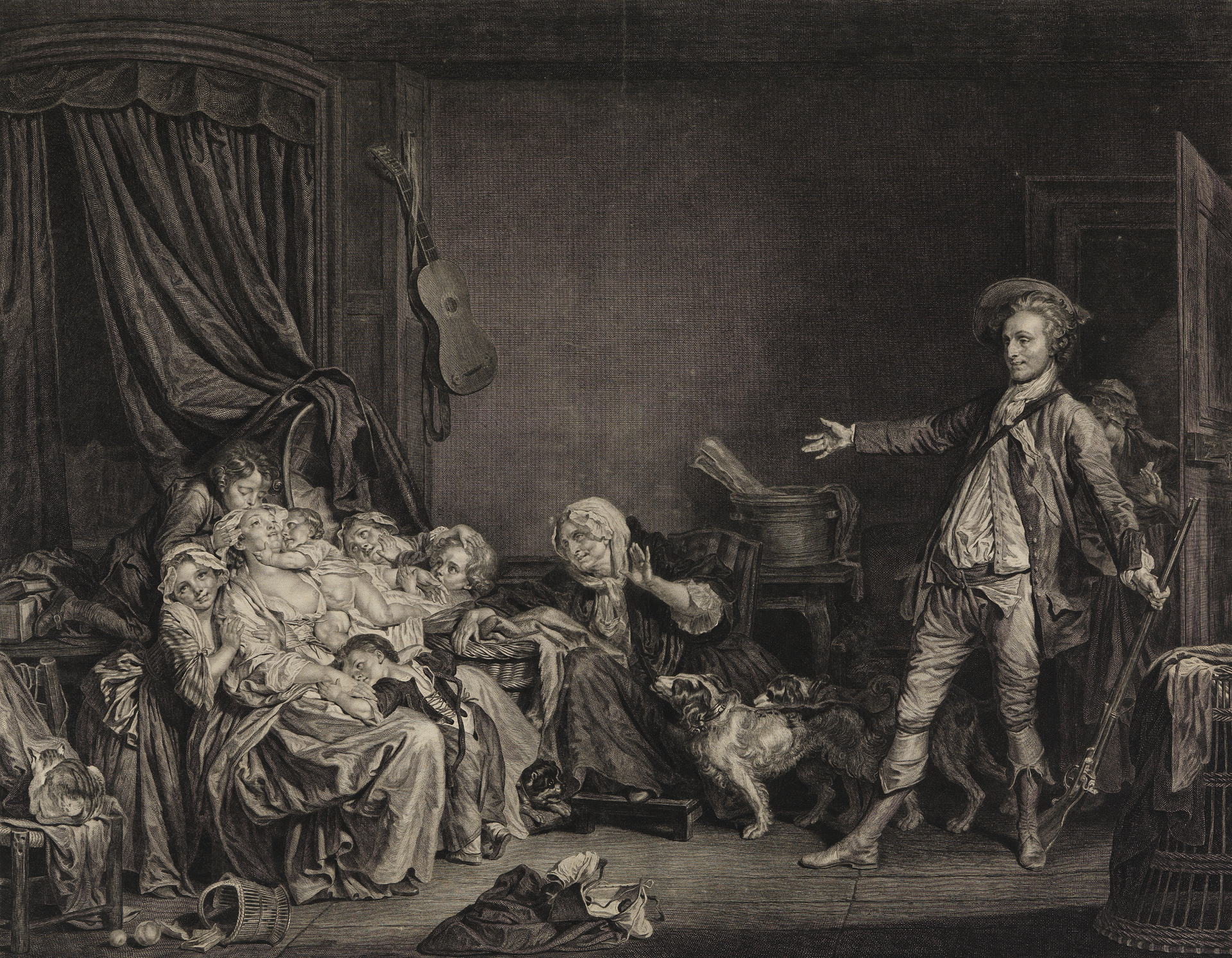 Jean Massars nach Jean-Baptiste Greuze: Die geliebte Mutter. Zu sehen ist eine Mutter mit entblößter rechter Brust, die umgeben von ihren vielen Kindern auf einem Stuhl sitzt. Zur Tür tritt ein Mann hinein.