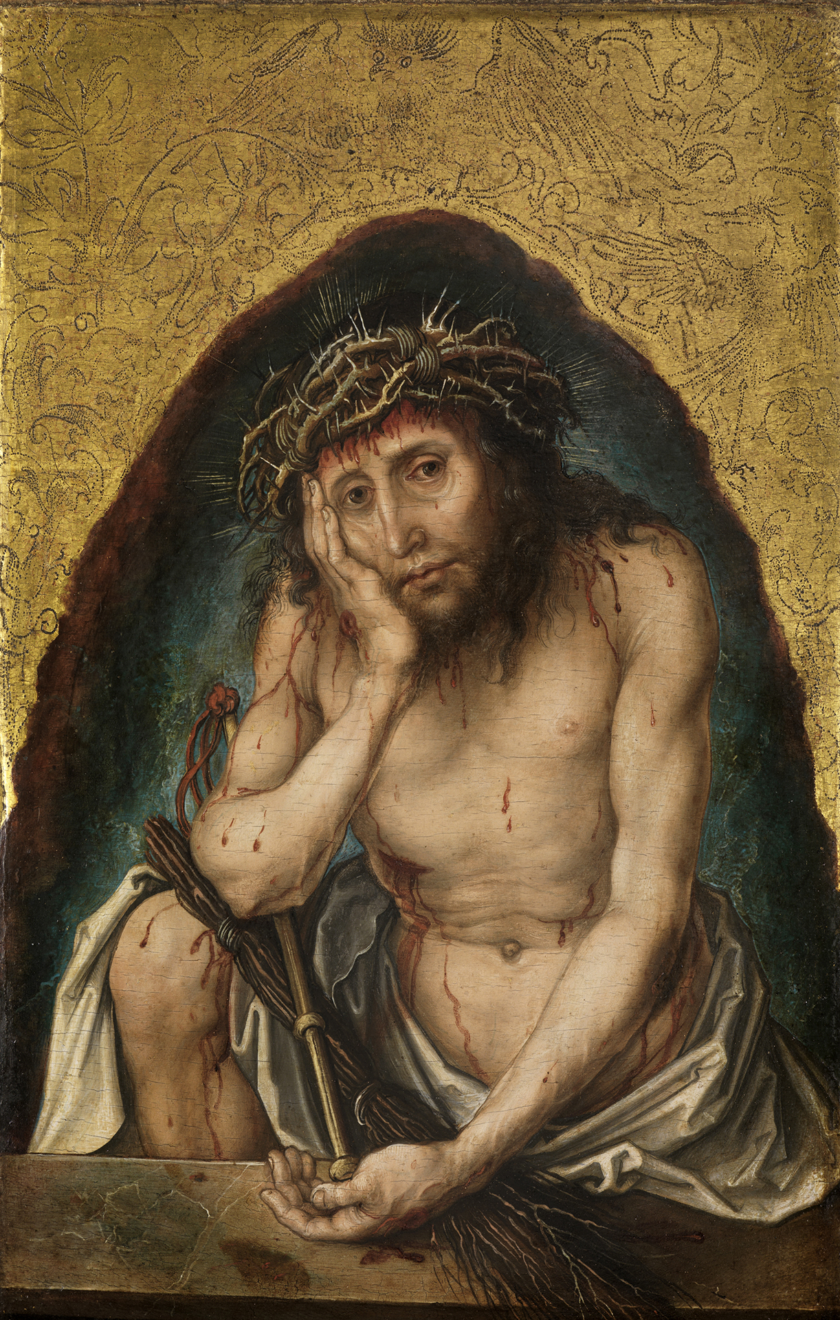 Gemälde Dürers: Christus als Schmerzensmann. Es zeigt Jesus wie er den Kopf auf seine Hand stützt und traurig guckt. Er trägt eine Dornenkrone und einen Lendenschurz.