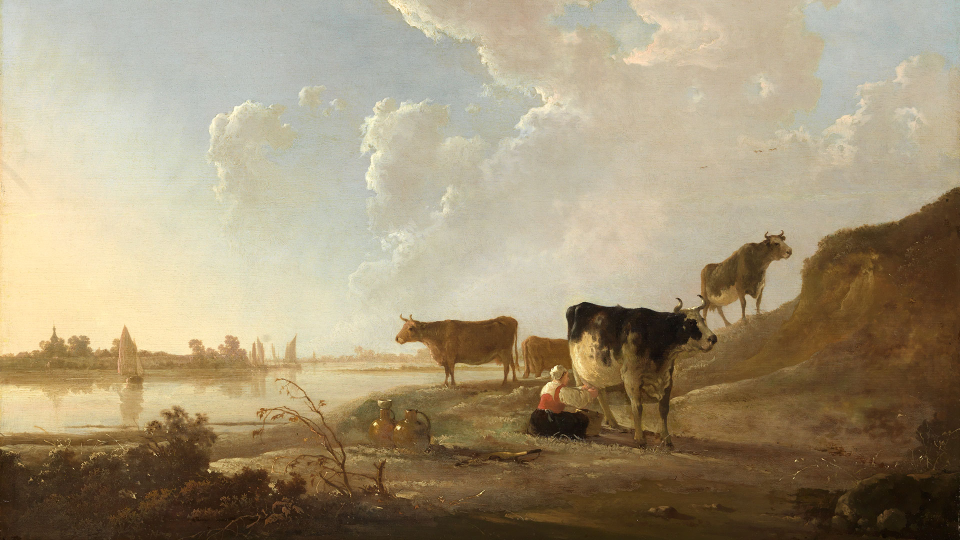 Detail des Gemäldes Flusslandschaft mit melkender Frau von Aelbert Jacobsz. Cuyp, entstanden um 1646. Es zeigt eine Frau die eine Kuh melkt. Sie befindet sich an einem Flussufer. Im Hintergrund sind weitere Kühe.