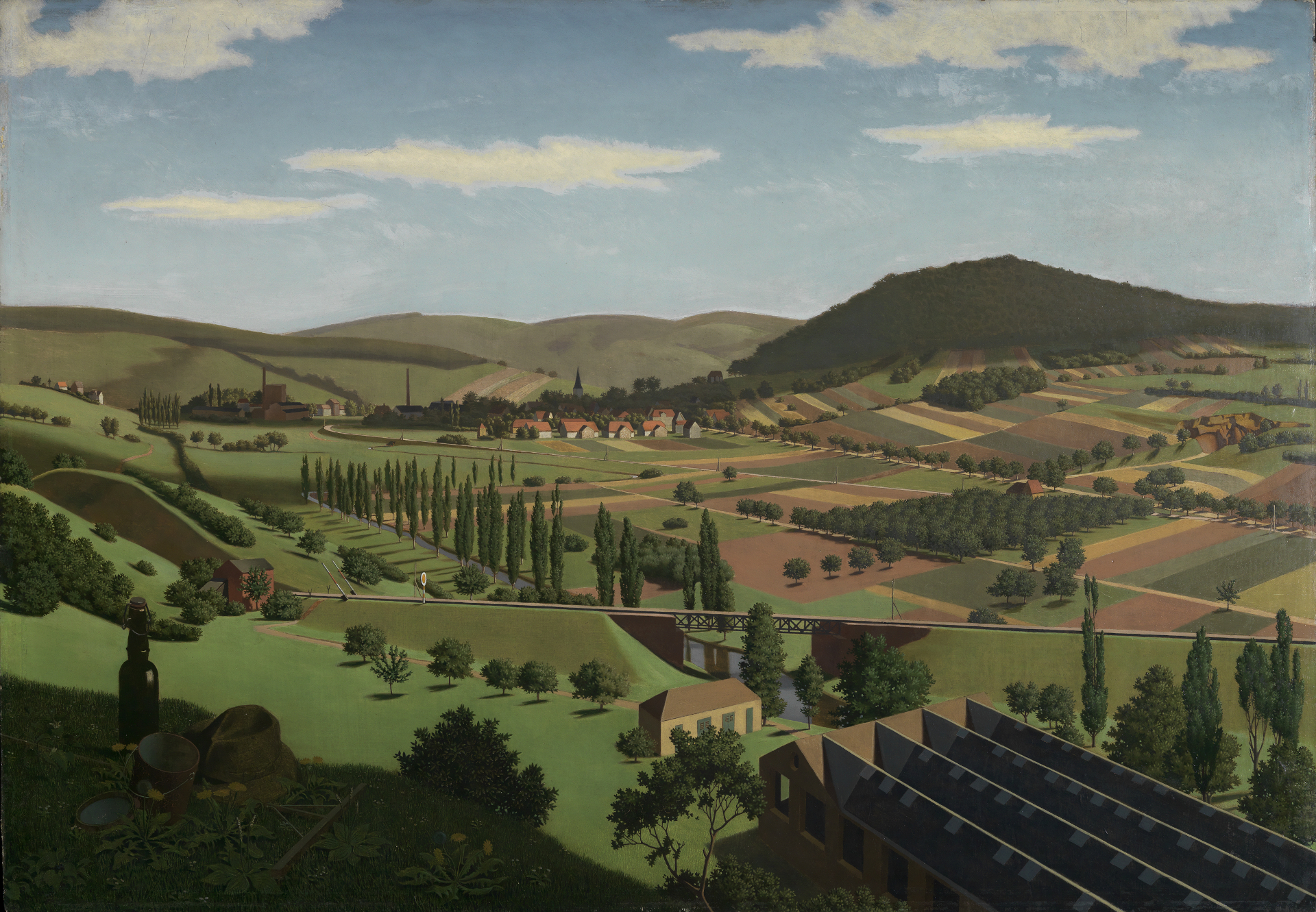 Gemälde Landschaft bei Berghausen von Georg Scholz, entstanden 1924 bis 1925. Es zeigt eine Landschaft durch die eine Bahnstrecke führt.