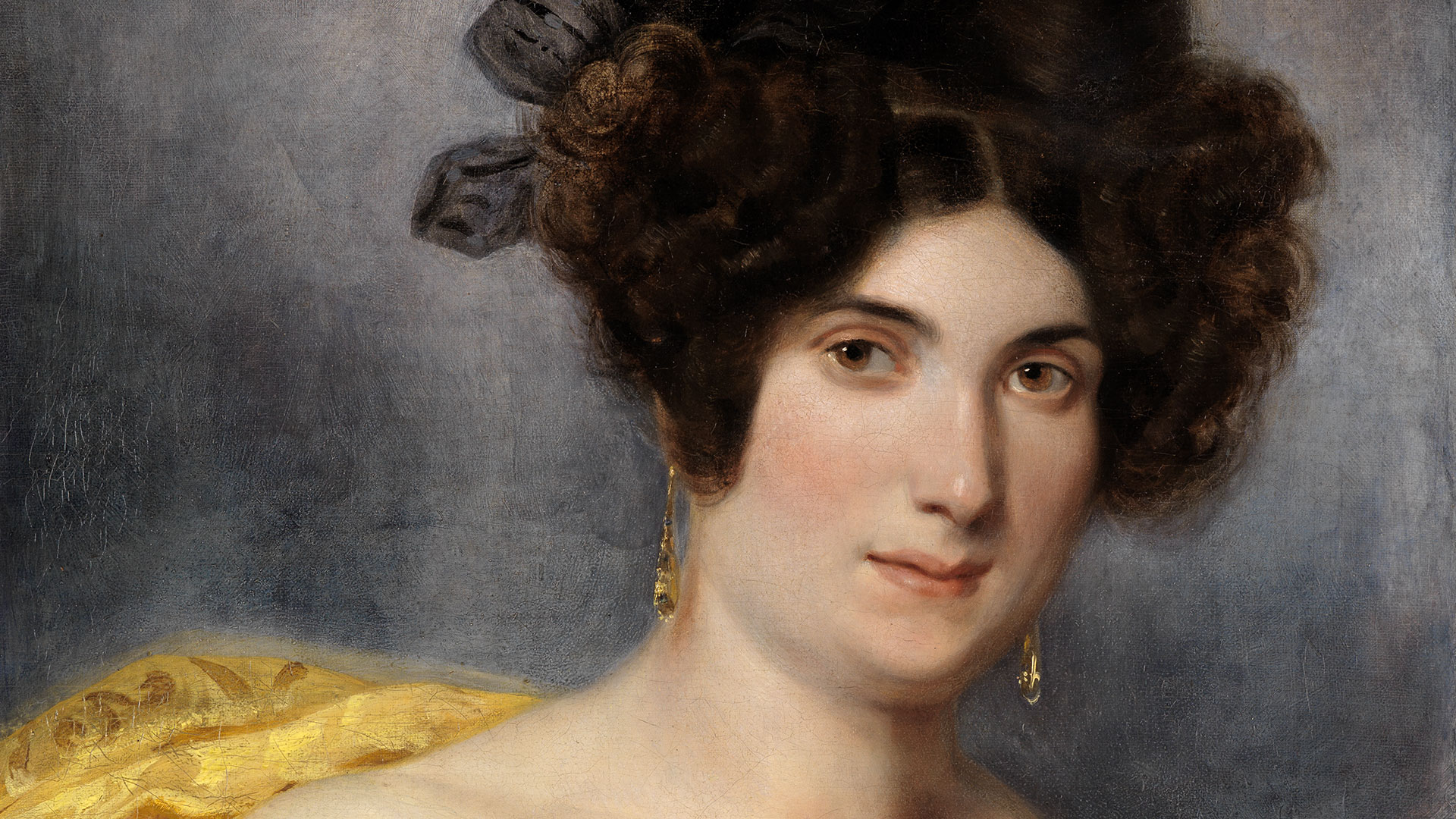 Detail des Gemäldes Bildnis der Madame François Simon von Eugène Delacroix, entstanden 1829. Zu sehen ist der Kopf der Frau. Sie trägt Ohrringe und hat eine Hochsteckfrisur.