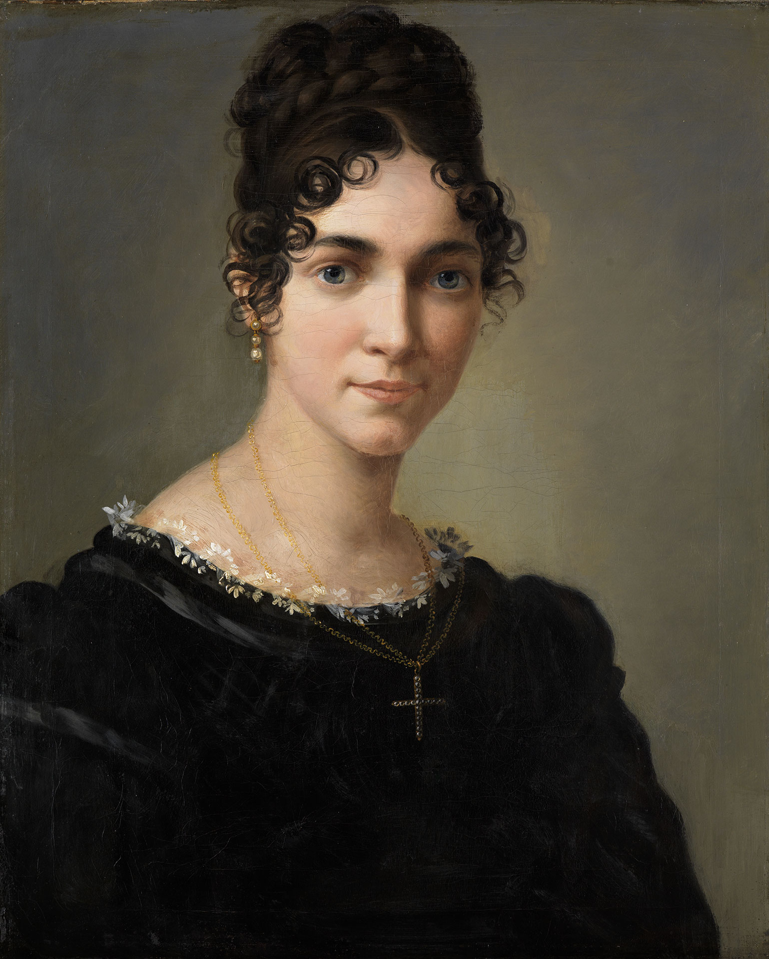 Gemälde Selbstbildnis von Marie Ellenrieder, entstanden 1818. Die Künstlerin trägt ein schwarzes Kleid und eine Kette mit einem Kreuz.