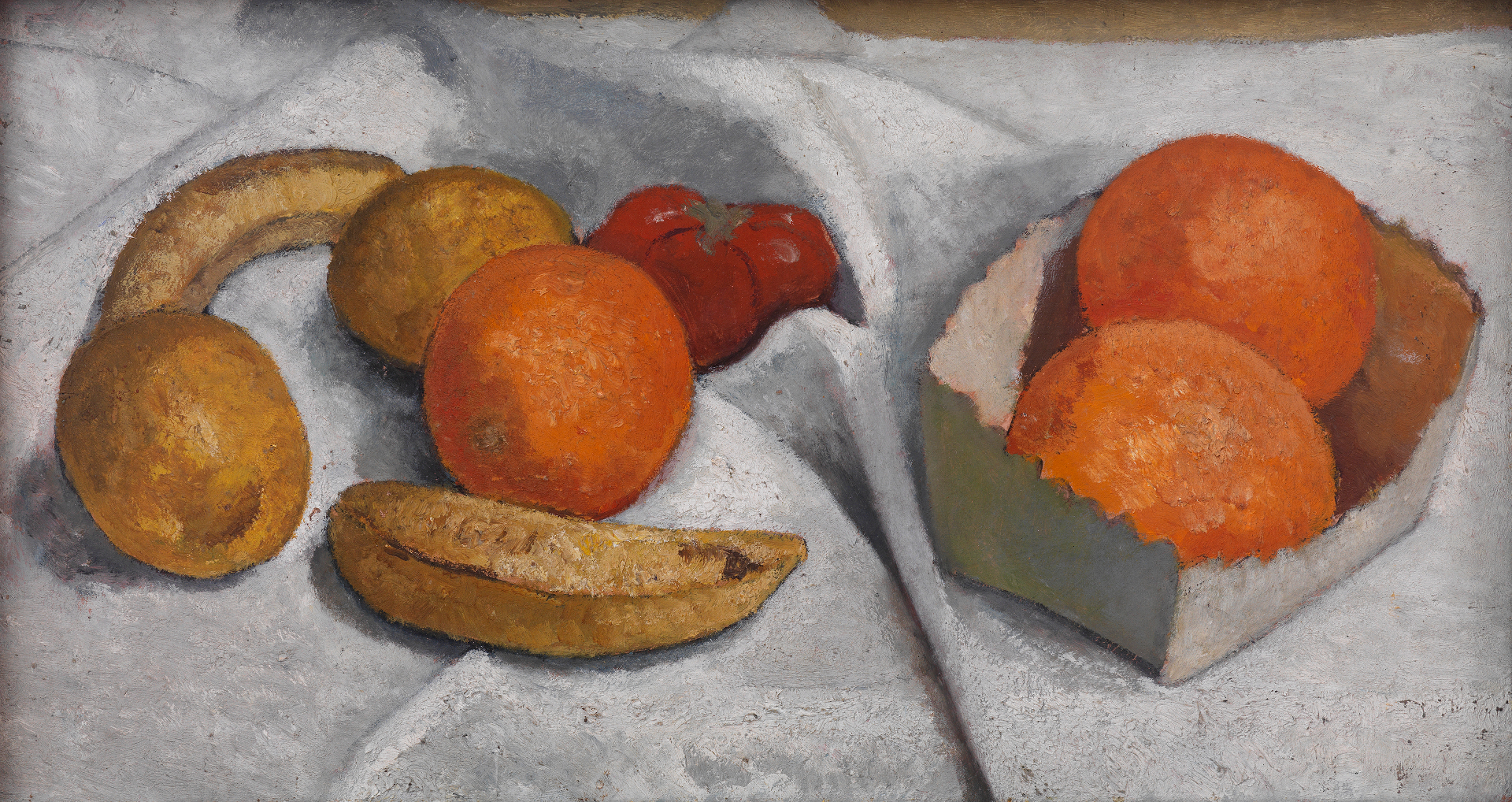 Abbildung von Paula Modersohn-Beckers Obst- und Gemüsestillleben. Zu sehen sind Bananen, Organgen, Zitronen und eine Tomate auf einem weißen Tuch.