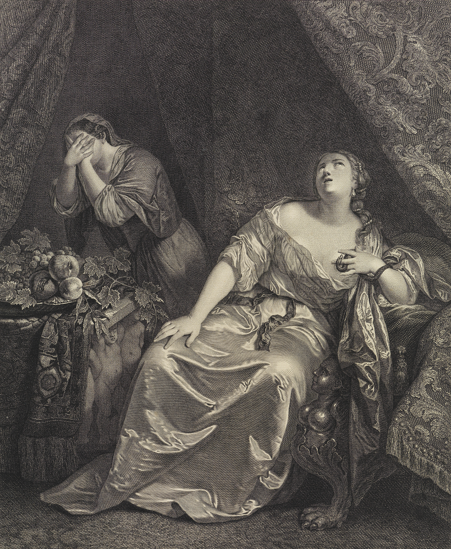 Detail von Johann Georg Willes Zeichnung Tod der Cleopatra. Es zeigt Cleopatra in einem Barockkleid wie sie in die Luft guckt und ihre Hand auf ihr Dekolleté hält. Hinter ihr steht eine Frau und hält sich die Hände vor ihr Gesicht.