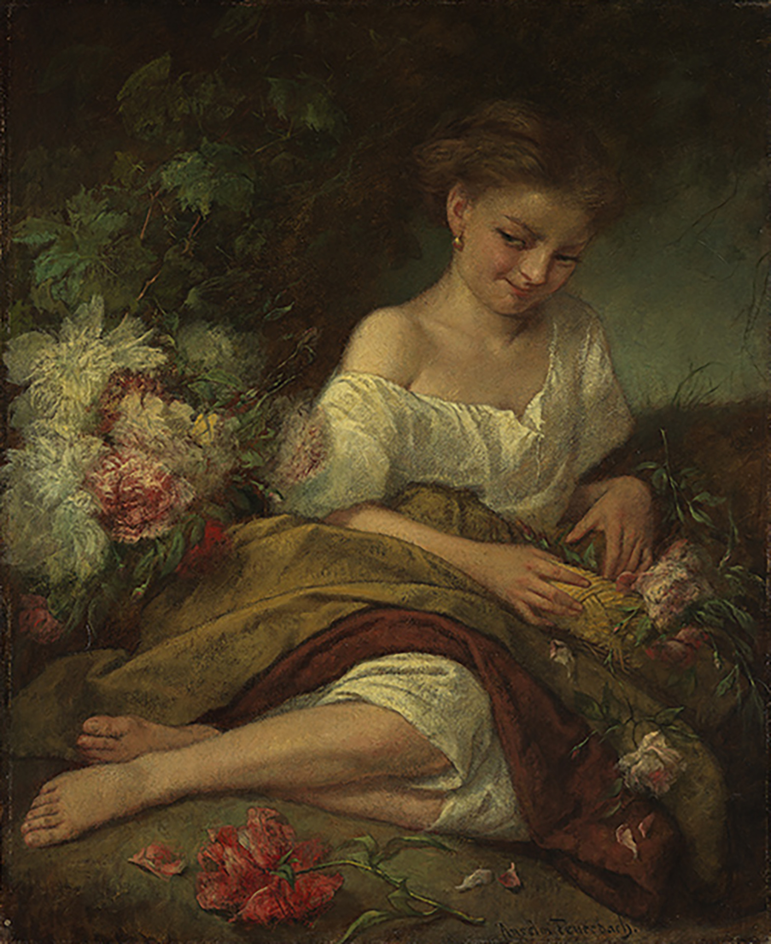 Die Abbildung zeigt ein sitzendes Mädchen umgeben von Blumen.
