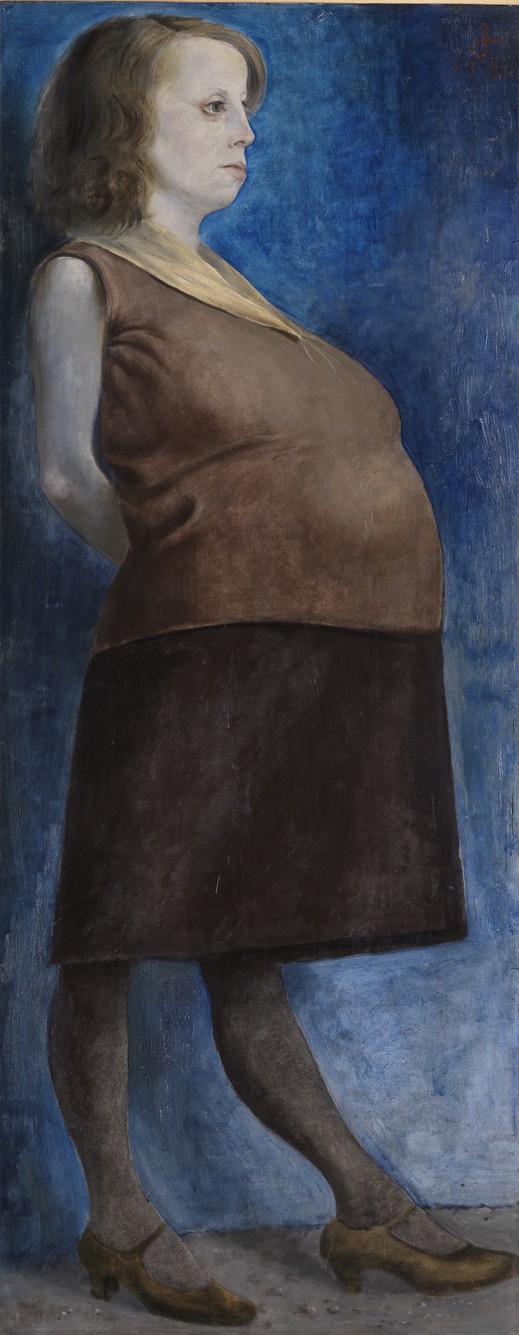 Abbildung des Portrait der Schwangeren von Otto Dix. Die Frau trägt ein blaues Kleid und steht vor einem blauen Hintergrund.