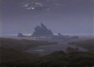 Caspar David Friedrichs Felsenriff am Meeresstrand. Zu sehen ist ein schroffer Felsen, der spitz aus dem Meer ragt.
