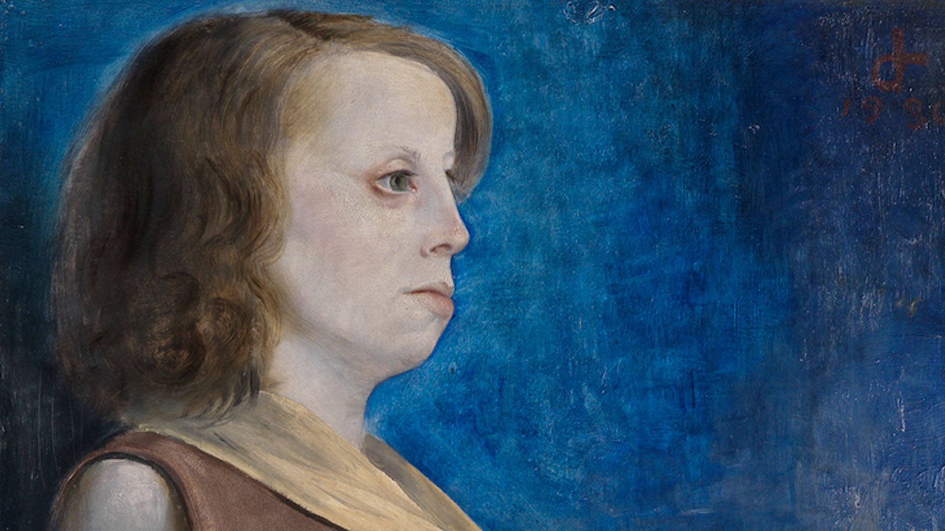 Detail der Schwangeren von Otto Dix. Die Frau trägt ein blaues Kleid und steht vor einem blauen Hintergrund.
