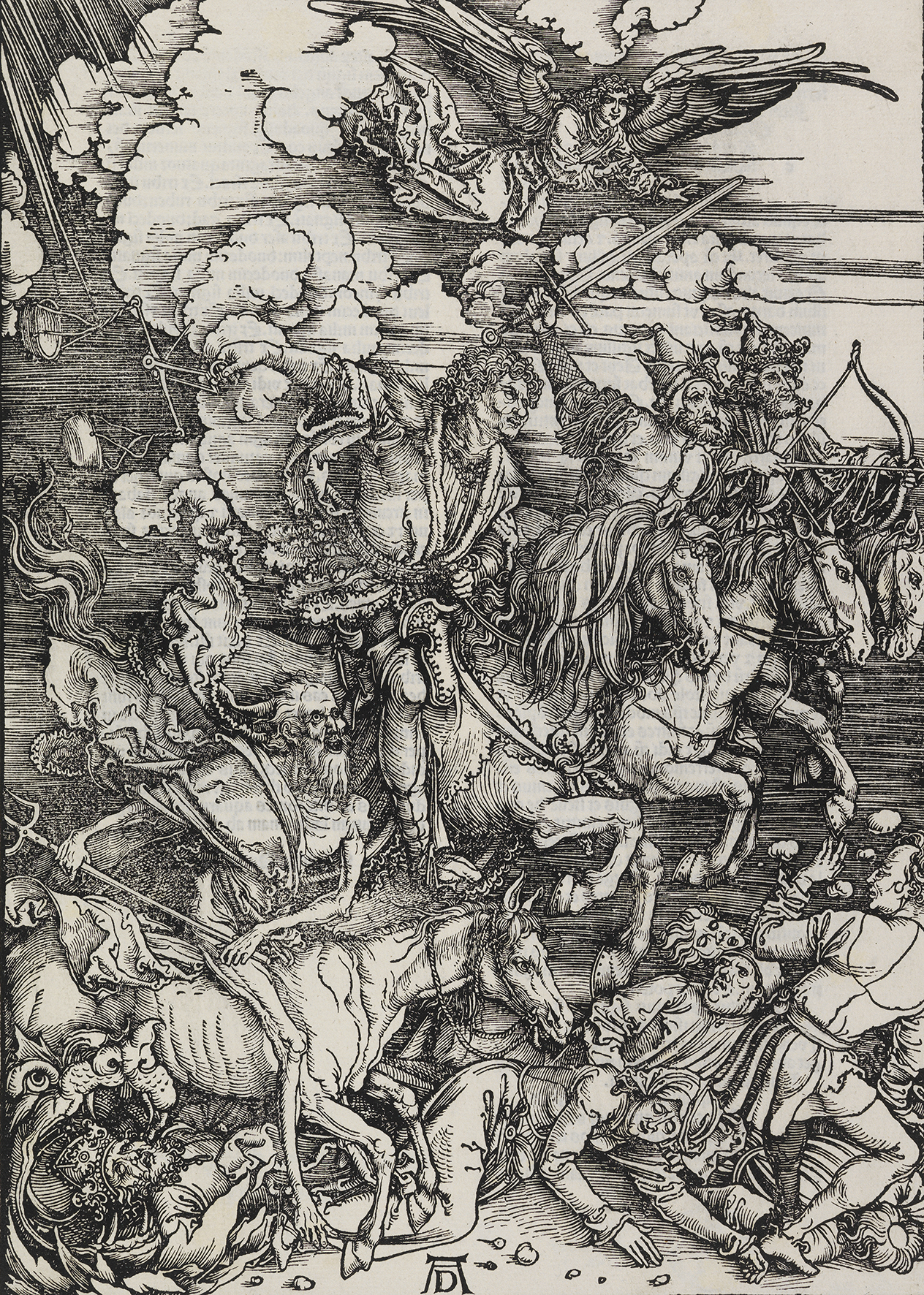 Holzschnitt Die apokalyptischen Reiter von Albrecht Dürer, entstanden 1511. Es zeigt einen Reiter mit erhobenen Schwert. Der Reiter wird von anderen bewaffneten Reitern begleitet. Auf dem Boden liegen Menschen und am Himmel ist ein Engel.
