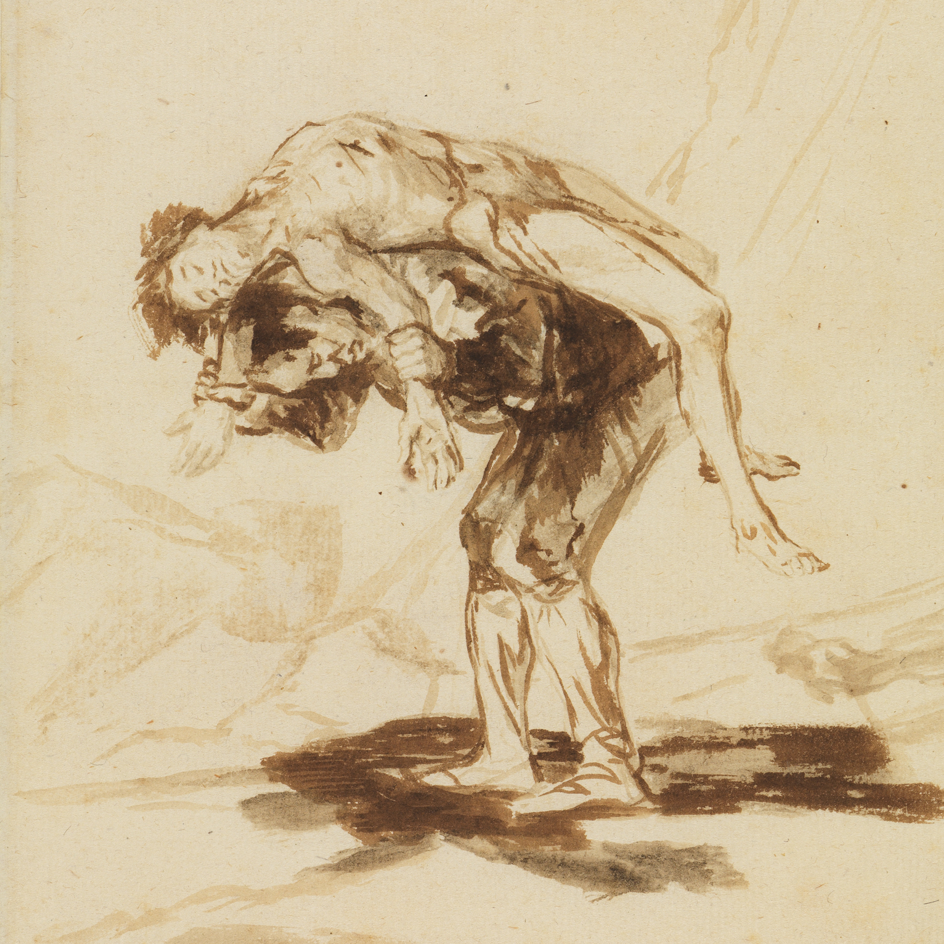 Zeichnung Ein Mann trägt einen Toten von Francisco de Goya, entstanden zwischen 1815 und 1820. Die Zeichnung zeigt einen Mann der einen anderen Mann trägt.