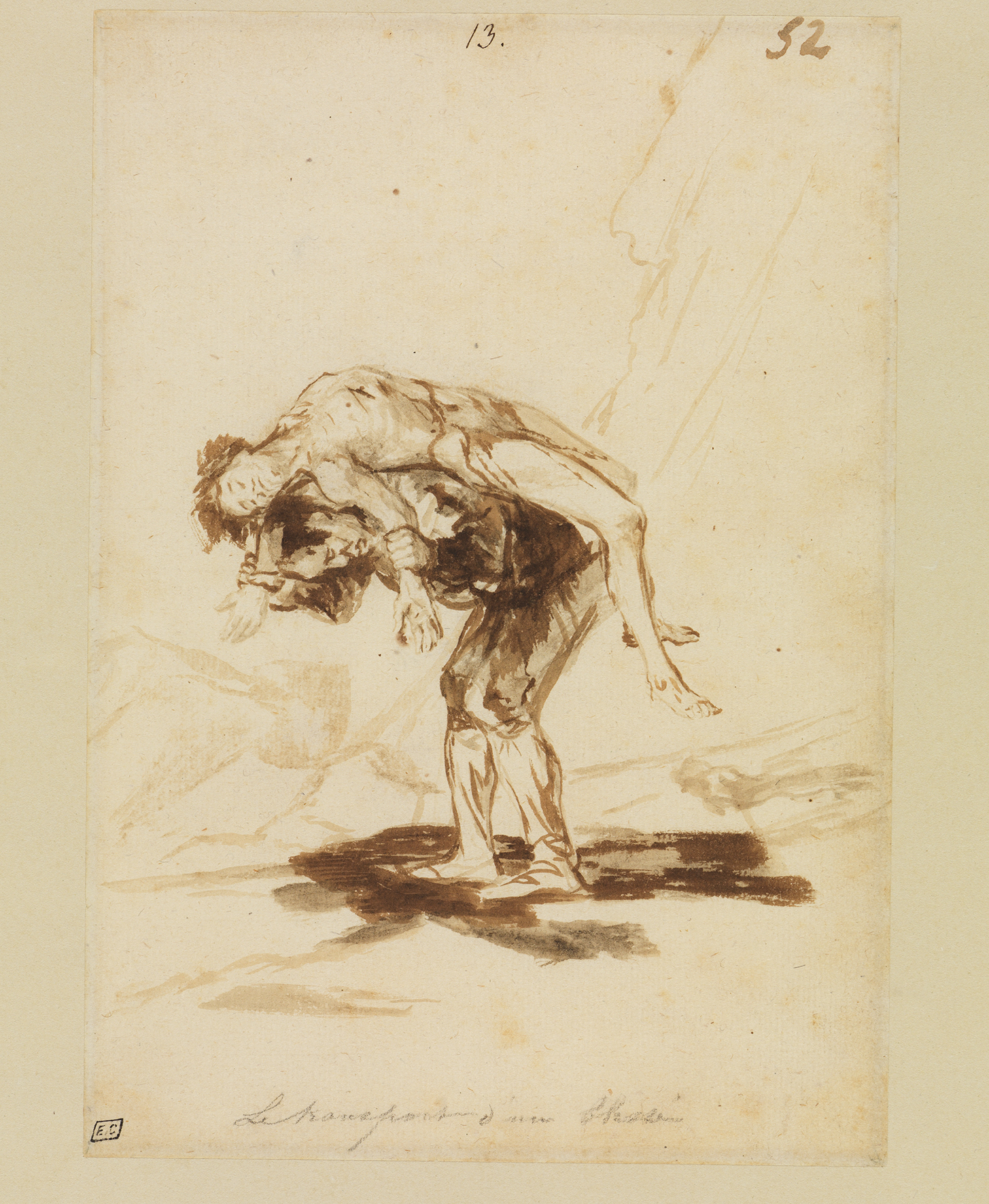 Zeichnung Ein Mann trägt einen Toten von Francisco de Goya, entstanden zwischen 1815 und 1820.