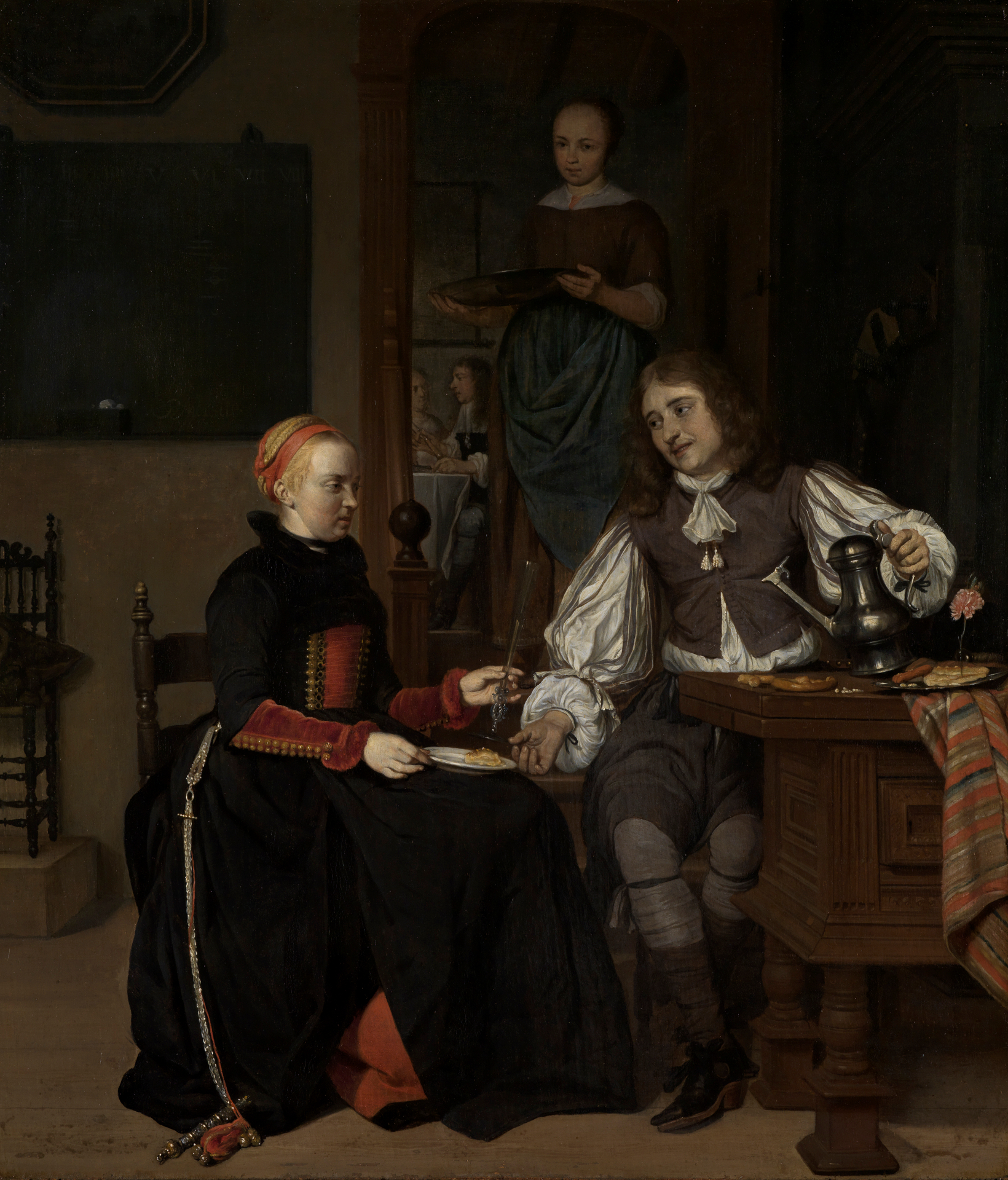 Gabriel Metsus Gemälde Junges Paar beim Frühstück. Es zeigt eine junge Frau und einen jungen Mann an einem Tisch sitzend. Im Hintergrund ist eine Frau mit einem Tablett zu sehen.